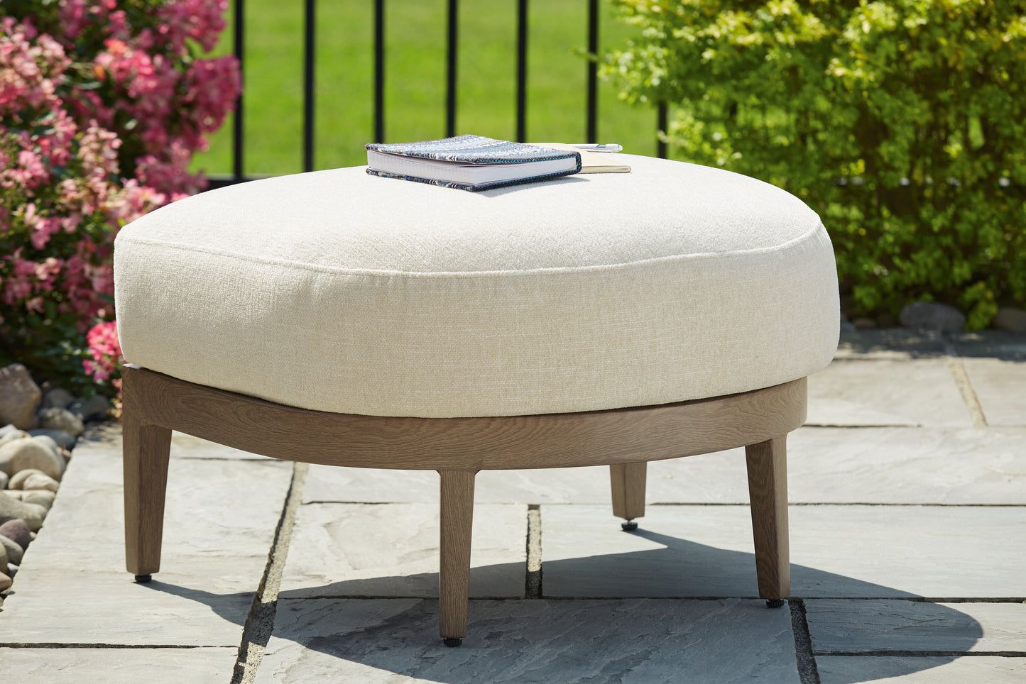 The Furniture Outlets - Ashley Furniture - Serene Bay Outdoor - Ottoman with Cushion / Dark Brown/White - P671-814