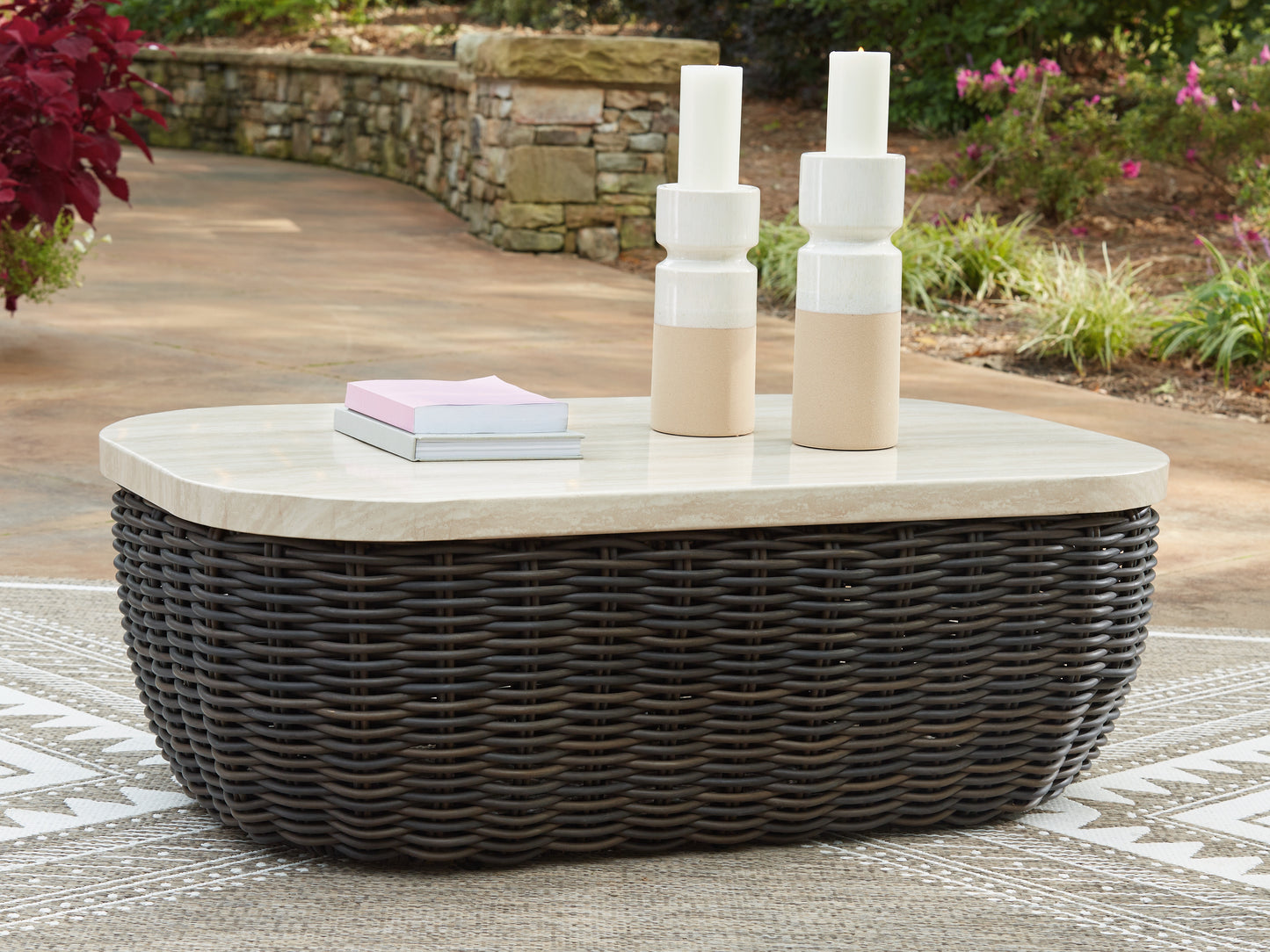 The Furniture Outlets - Ashley Furniture - Kimora Outdoor - Rectangular Cocktail Table / Beige/Dark Brown - P711-701