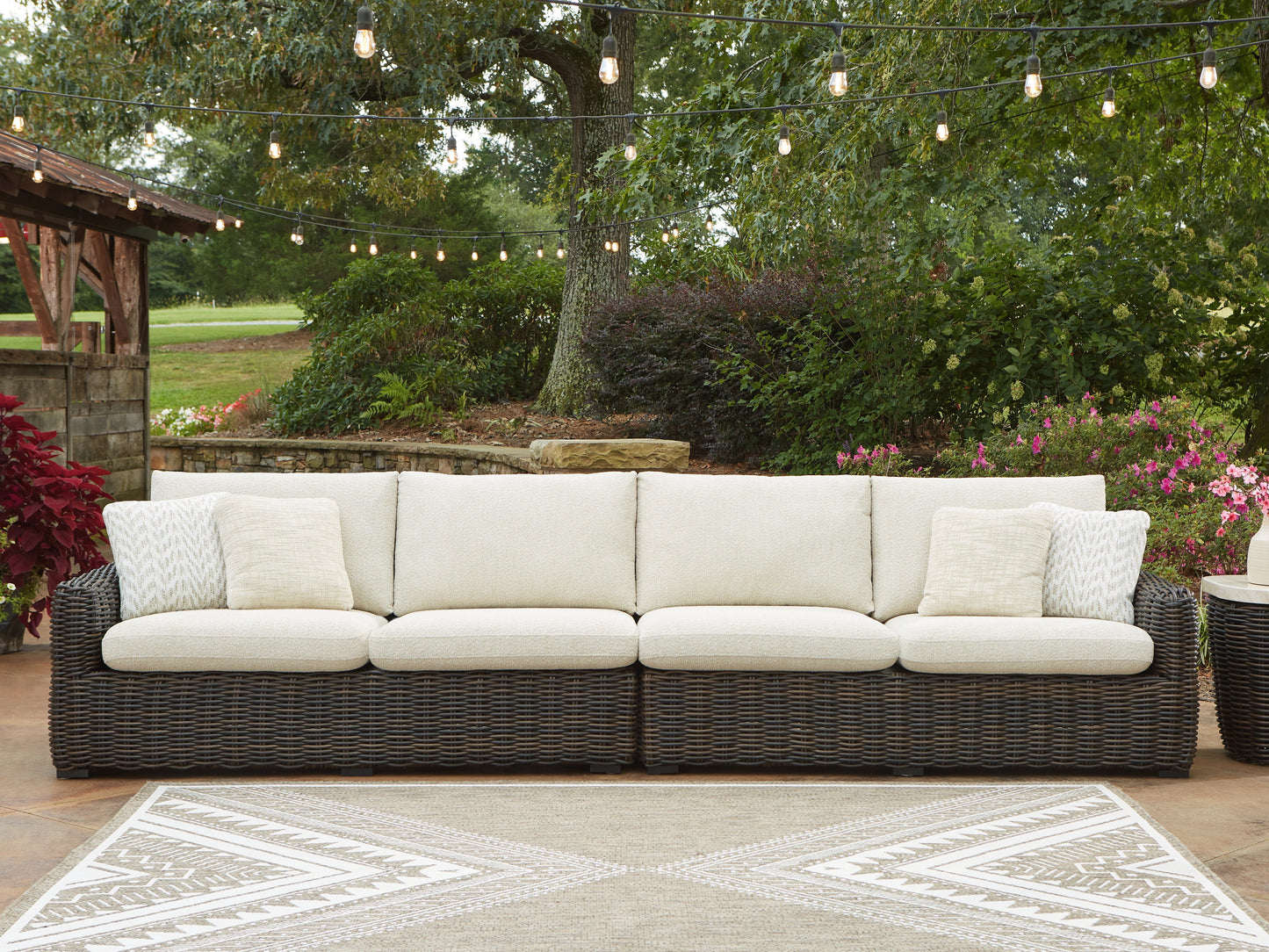 The Furniture Outlets - Ashley Furniture - Kimora Outdoor - RAF/LAF Loveseat w/CUSH (Set of 2) / Beige/Dark Brown - P711-854