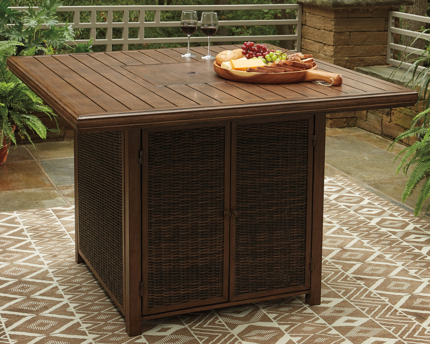 The Furniture Outlets - Ashley Furniture - Paradise Trail Outdoor - Square Bar Table w/Fire Pit / Medium Brown - P750-665