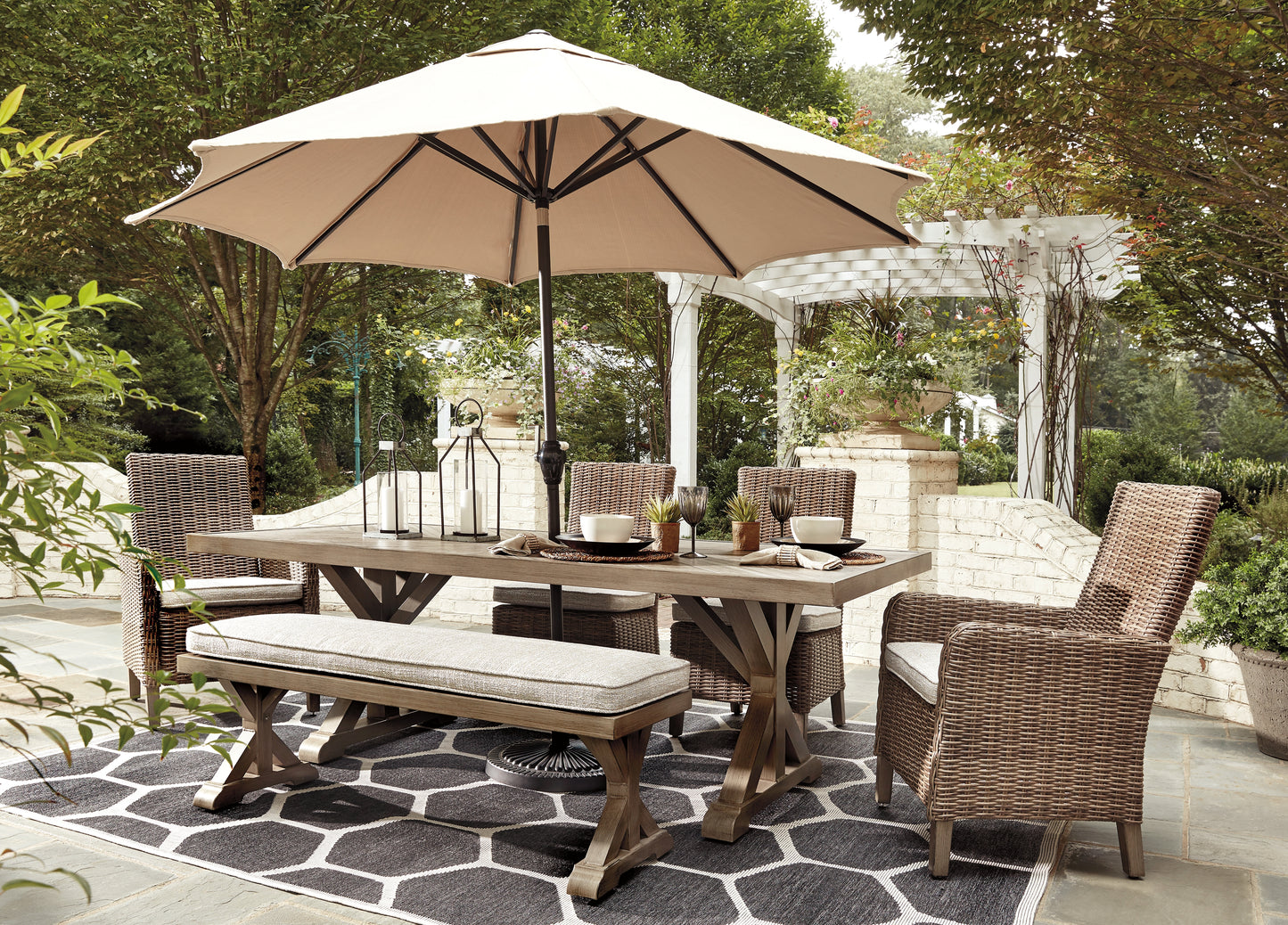 The Furniture Outlets - Ashley Furniture - Beachcroft Outdoor - RECT Dining Table w/UMB OPT / Beige - P791-625