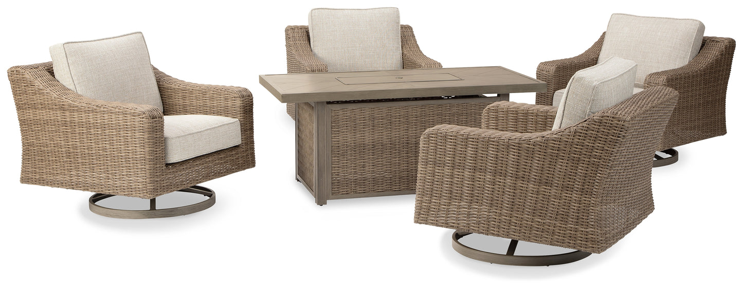 The Furniture Outlets - Ashley Furniture - Beachcroft Outdoor - 5-Piece Outdoor Fire Pit Table with 4 Chairs / Beige - P791P17