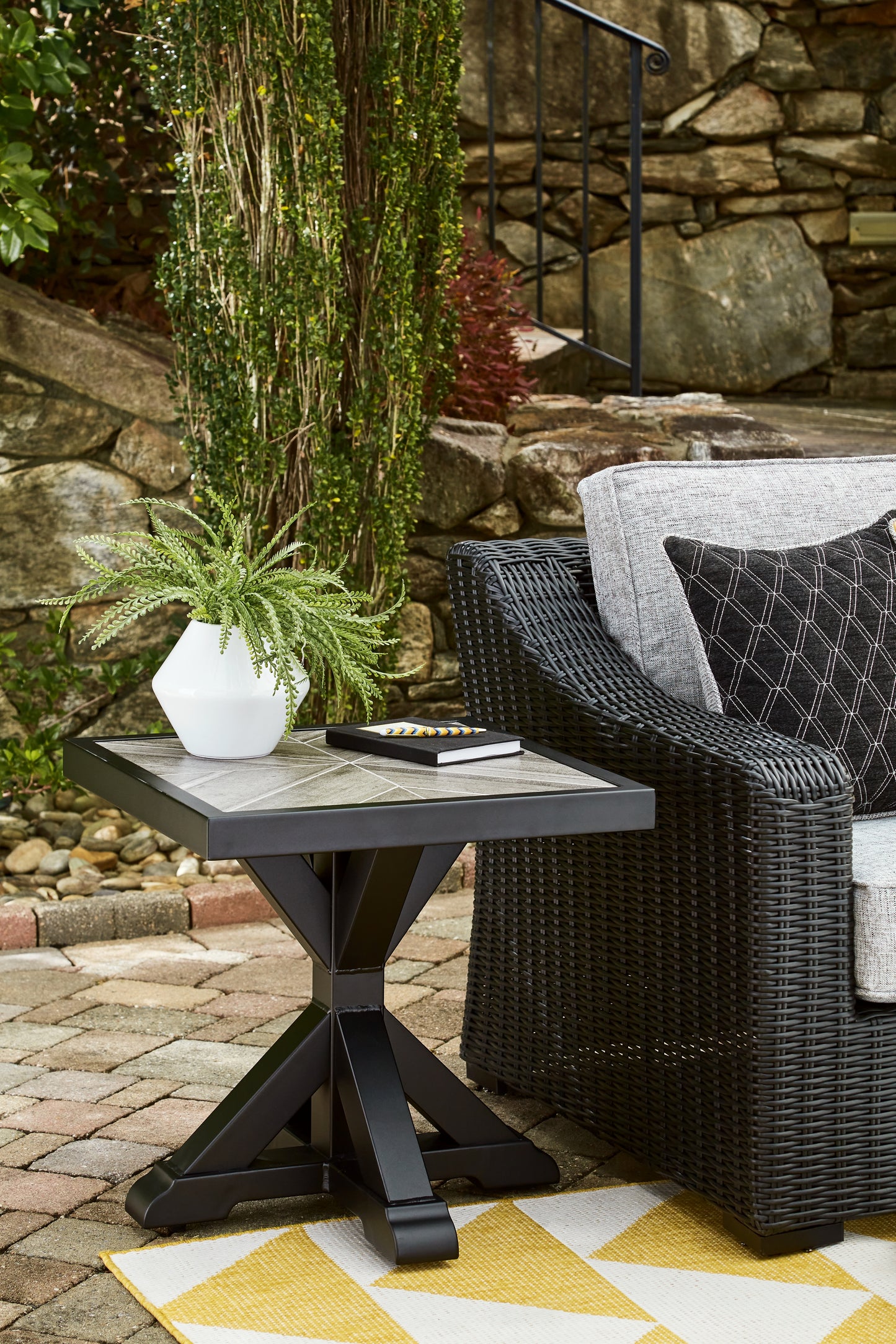 The Furniture Outlets - Ashley Furniture - Beachcroft Outdoor - Square End Table / Black/Light Gray - P792-702