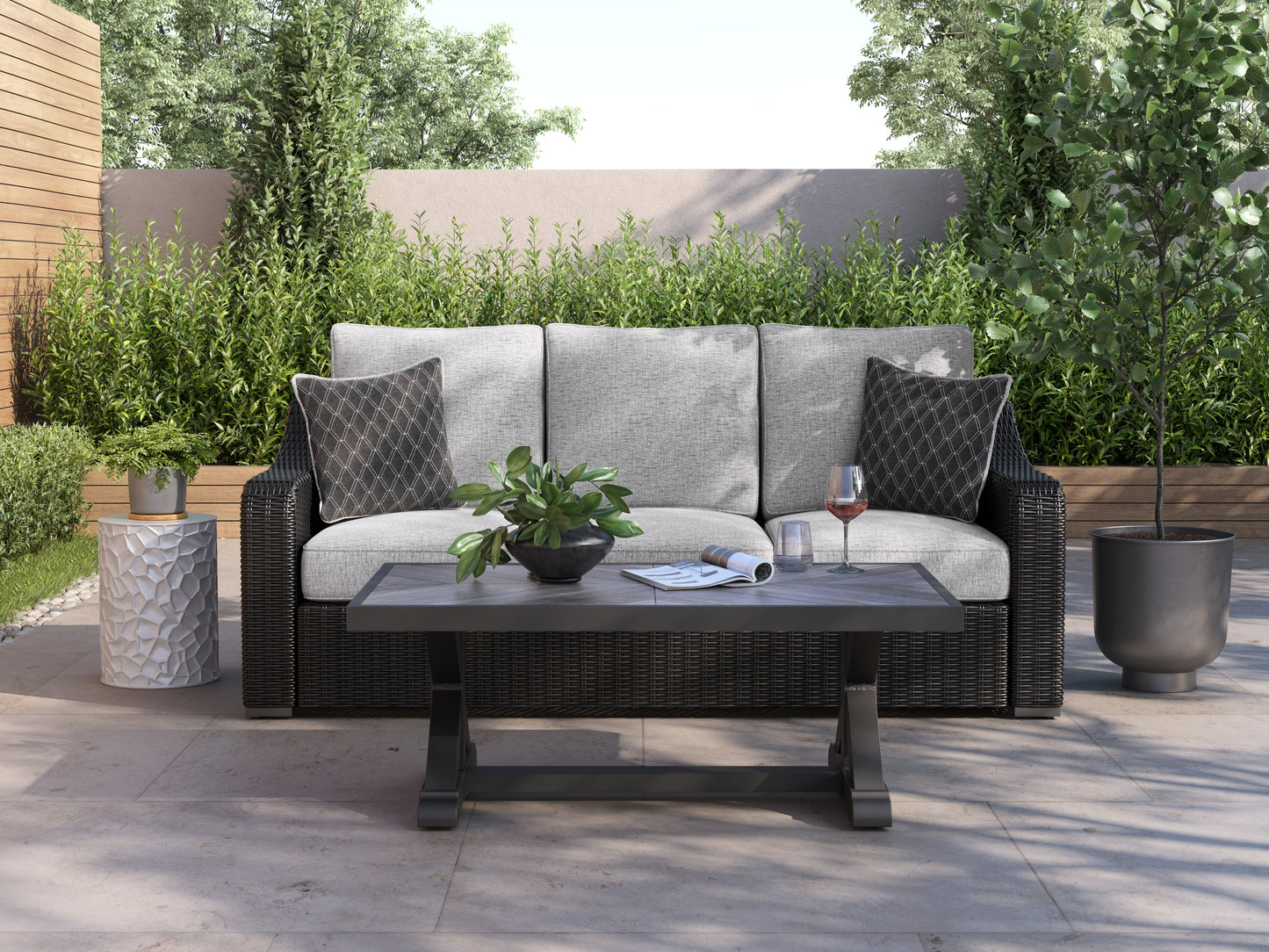 The Furniture Outlets - Ashley Furniture - Beachcroft Outdoor - Sofa with Cushion / Black/Light Gray - P792-838