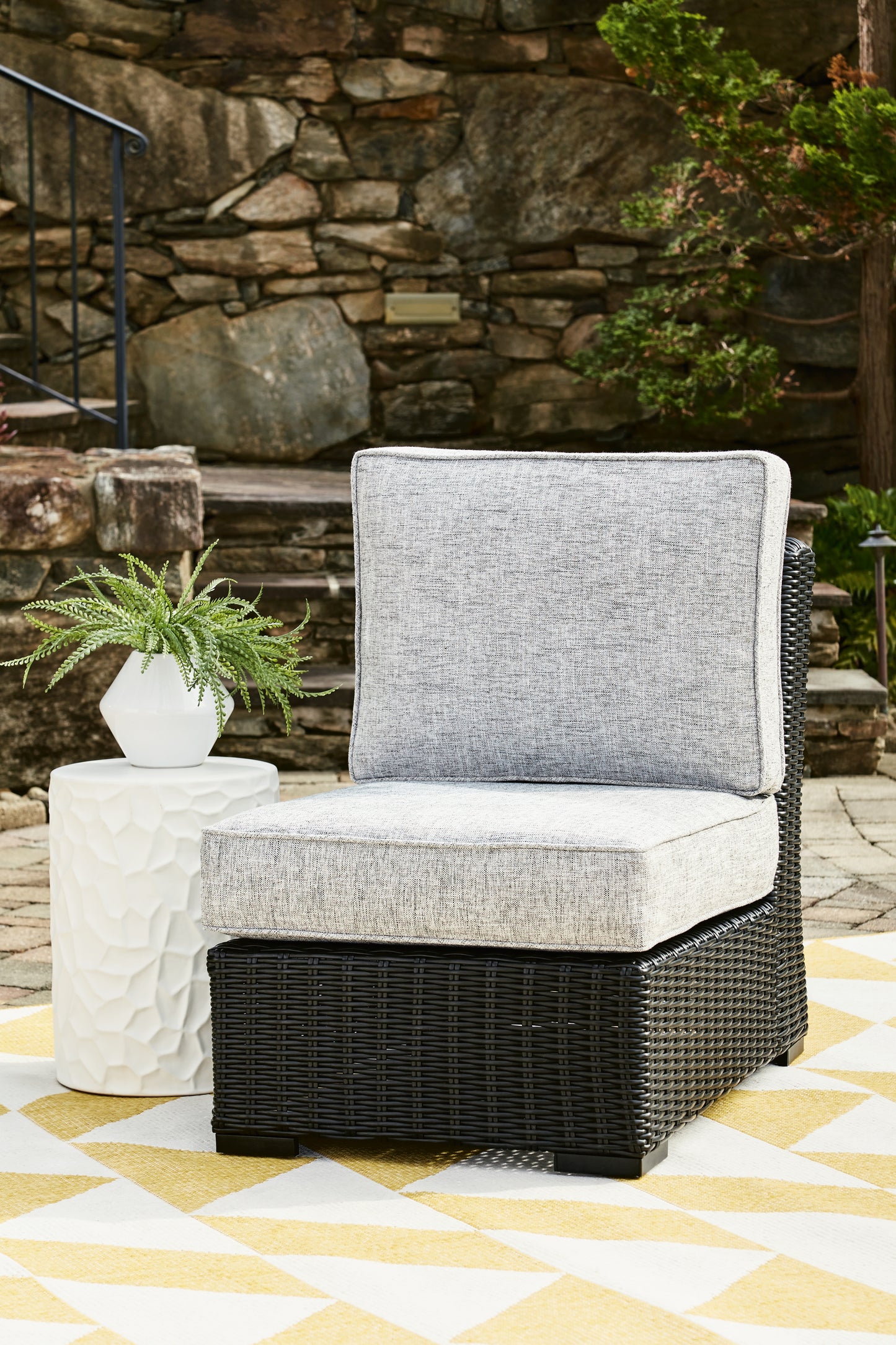 The Furniture Outlets - Ashley Furniture - Beachcroft Outdoor - Armless Chair w/Cushion / Black/Light Gray - P792-846