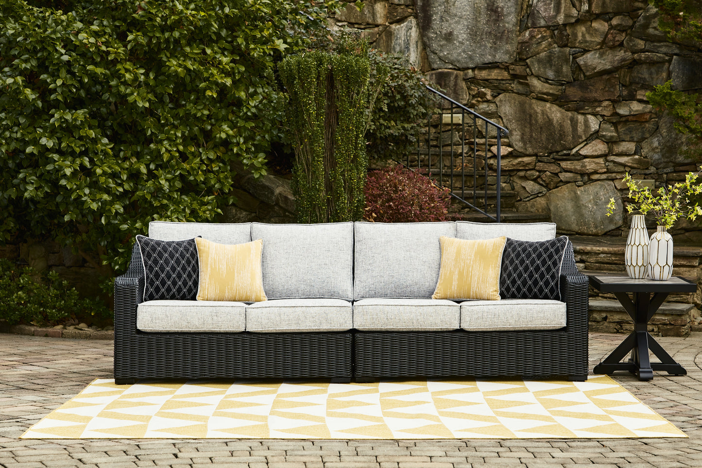 The Furniture Outlets - Ashley Furniture - Beachcroft Outdoor - RAF/LAF Loveseat w/CUSH (Set of 2) / Black/Light Gray - P792-854