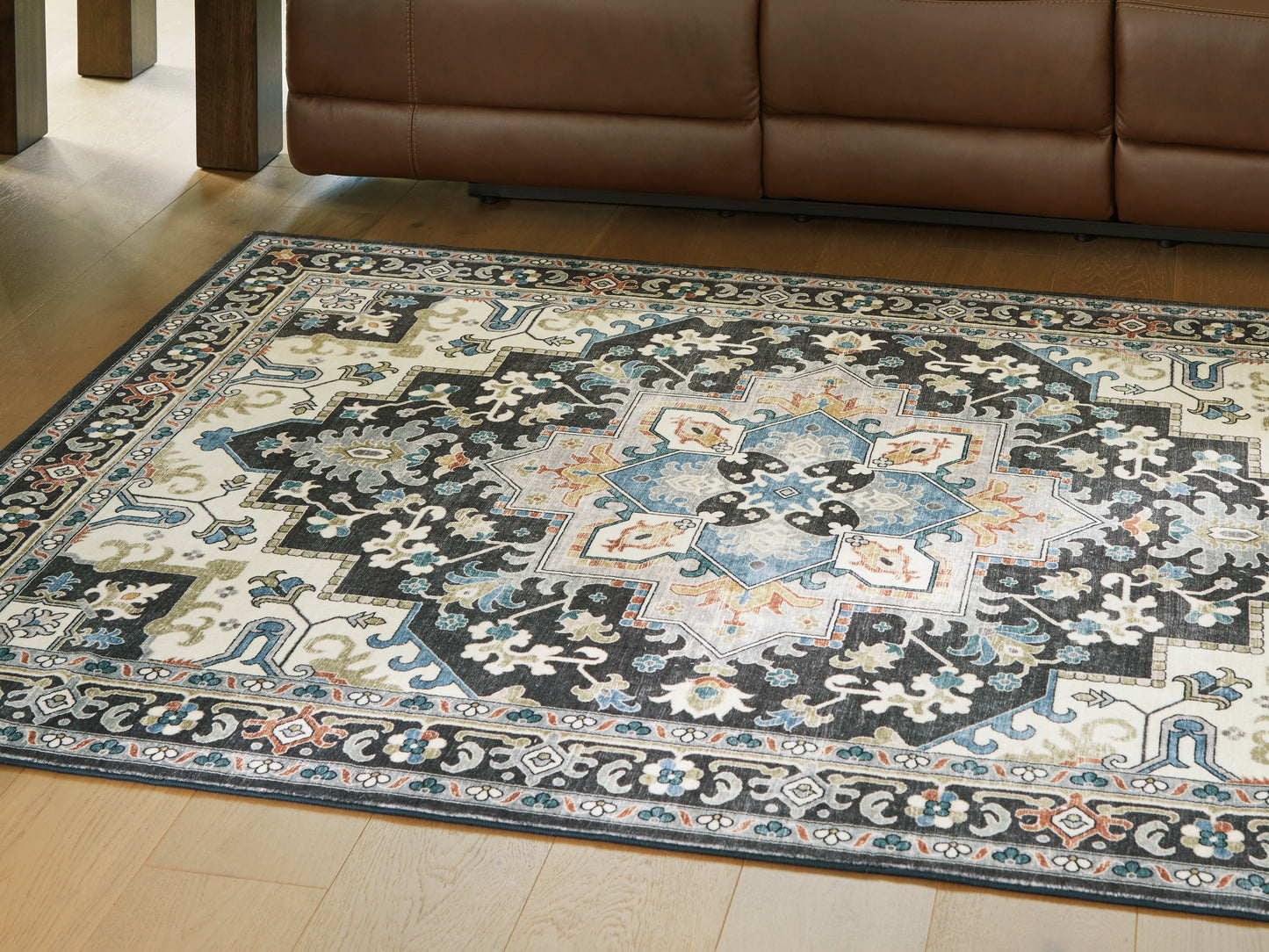 The Furniture Outlets - Ashley Furniture - Leningston Rug - 5' x 7' Washable Rug / Black/Cream/Blue - R407062