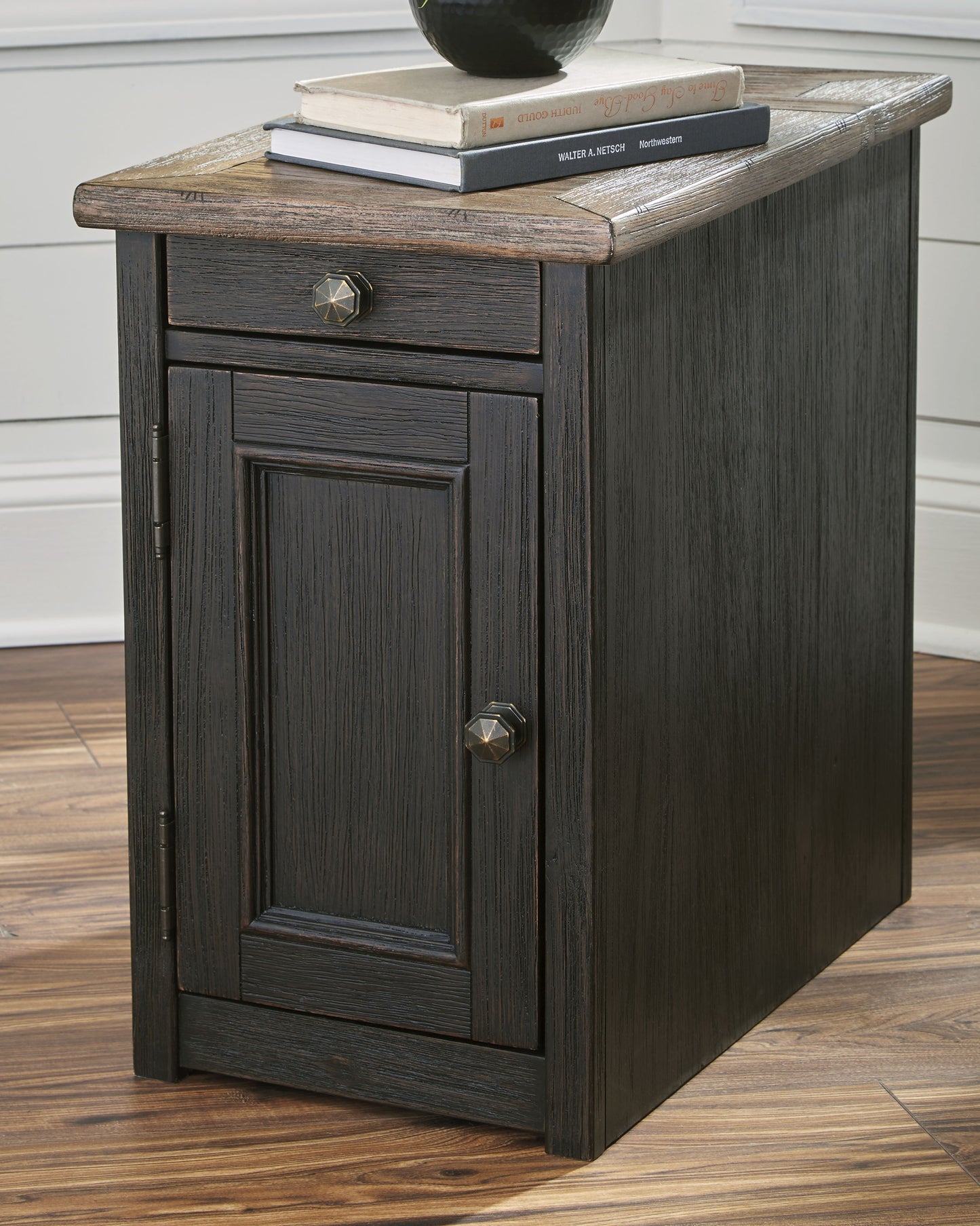 The Furniture Outlets - Ashley Furniture - Tyler Creek Chairside End Table with USB Ports & Outlets - Chair Side End Table / Grayish Brown/Black - T736-7