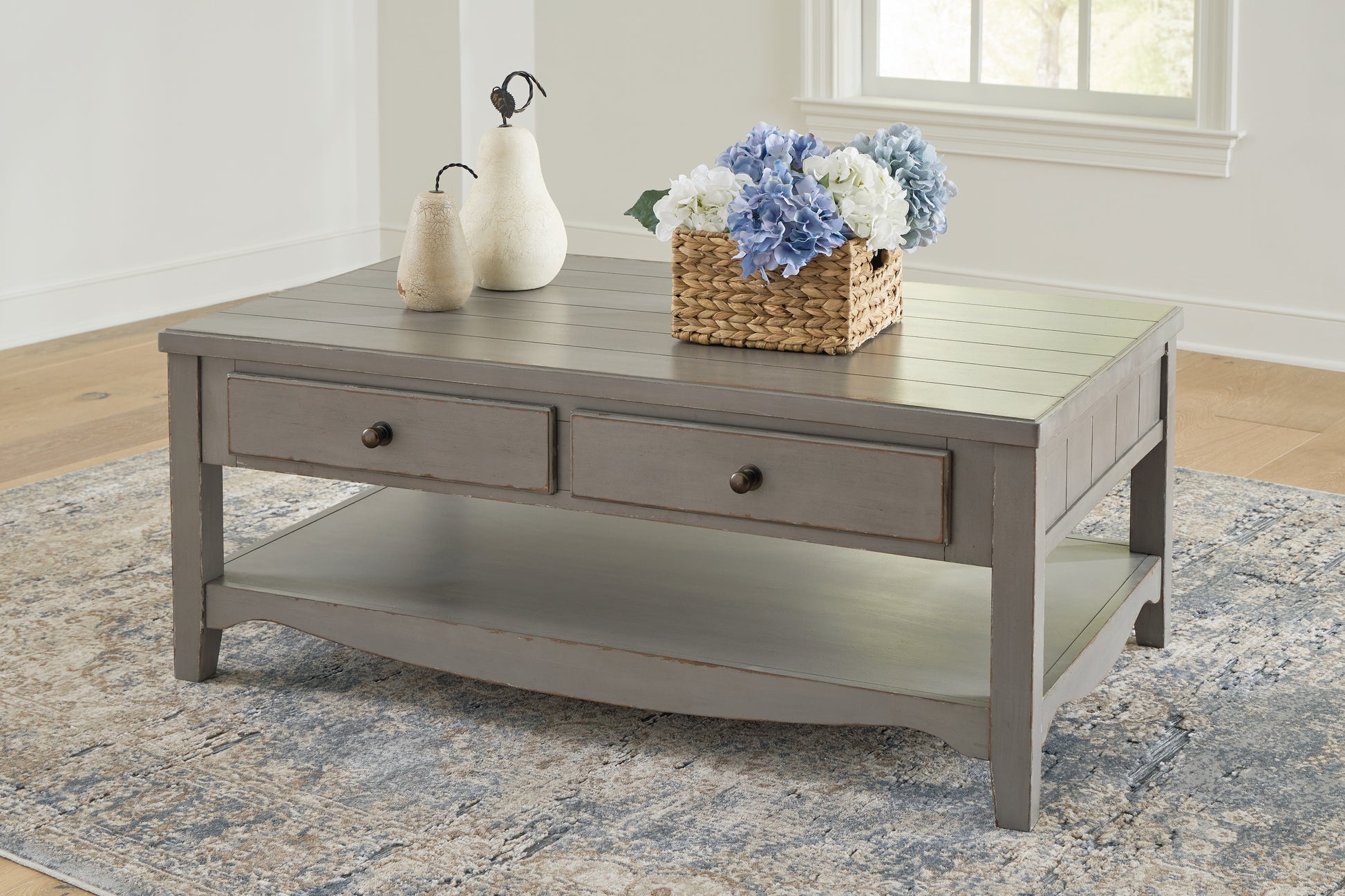 The Furniture Outlets - Ashley Furniture - Charina Coffee Table - Rectangular Cocktail Table / Antique Gray - T784-1