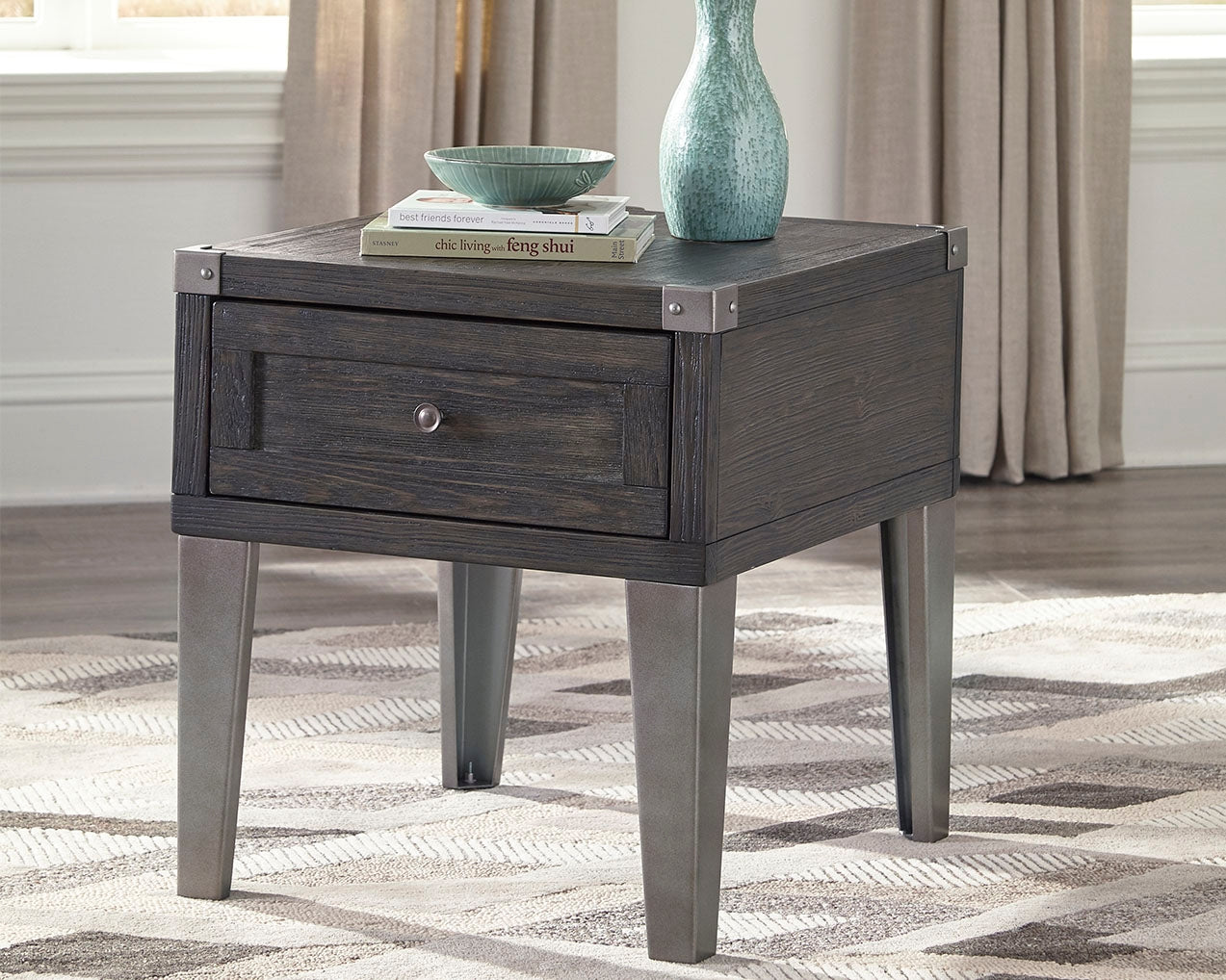 The Furniture Outlets - Ashley Furniture - Todoe End Table with USB Ports & Outlets - Rectangular End Table / Dark Gray - T901-3