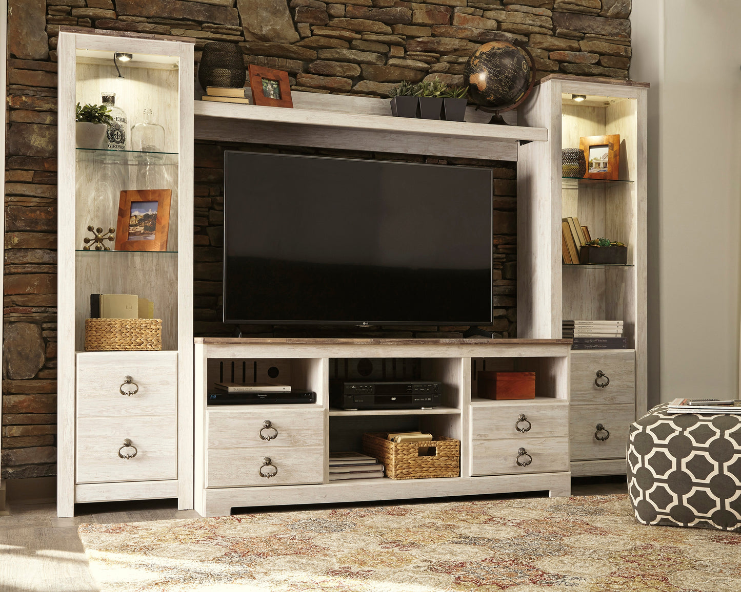 The Furniture Outlets - Ashley Furniture - Willowton Entertainment Center - 4-Piece Entertainment Center / Whitewash - W267W3