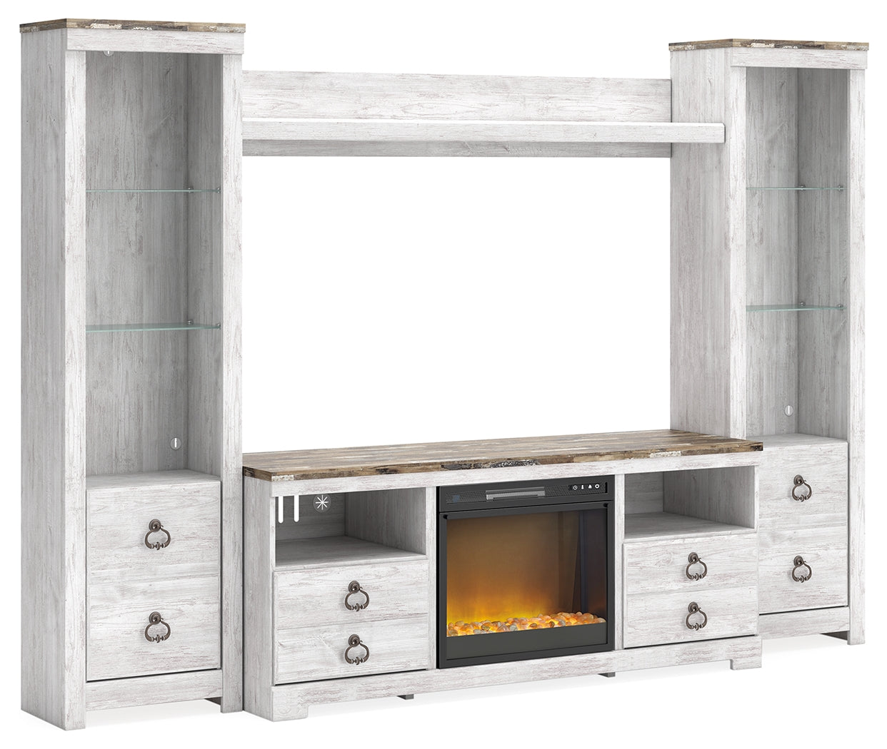 The Furniture Outlets - Ashley Furniture - Willowton 4-Piece Entertainment Center with Electric Fireplace - 4-Piece Entertainment Center with Electric Fireplace / Whitewash - W267W4