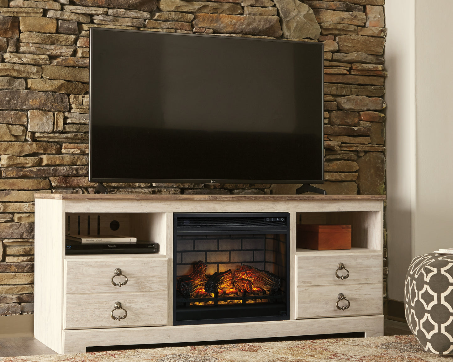 The Furniture Outlets - Ashley Furniture - Willowton 64" TV Stand with Electric Fireplace - 64" TV Stand with Electric Fireplace / Whitewash - W267W8