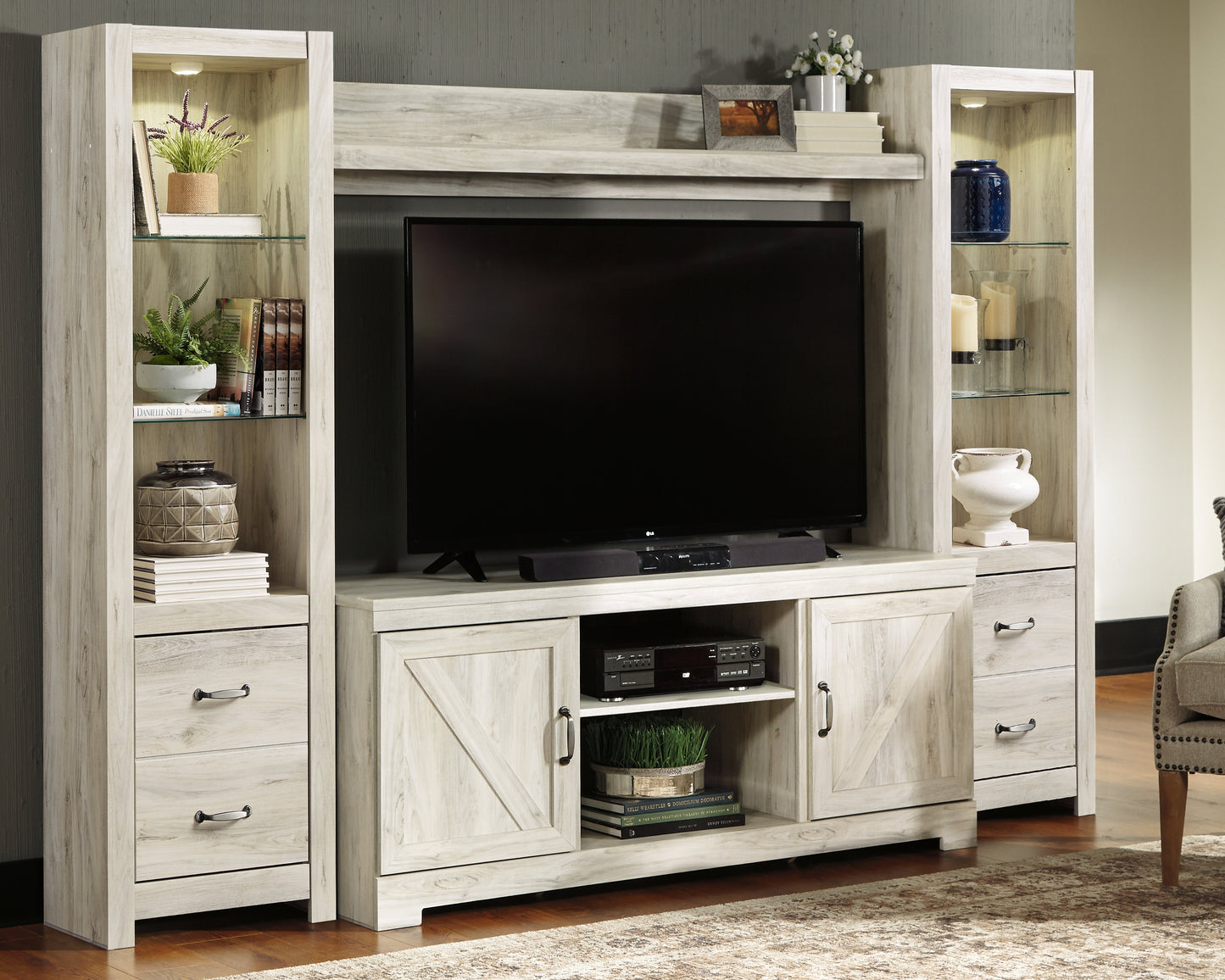 The Furniture Outlets - Ashley Furniture - Bellaby Entertainment Center - 4-Piece Entertainment Center / Whitewash - W331W2