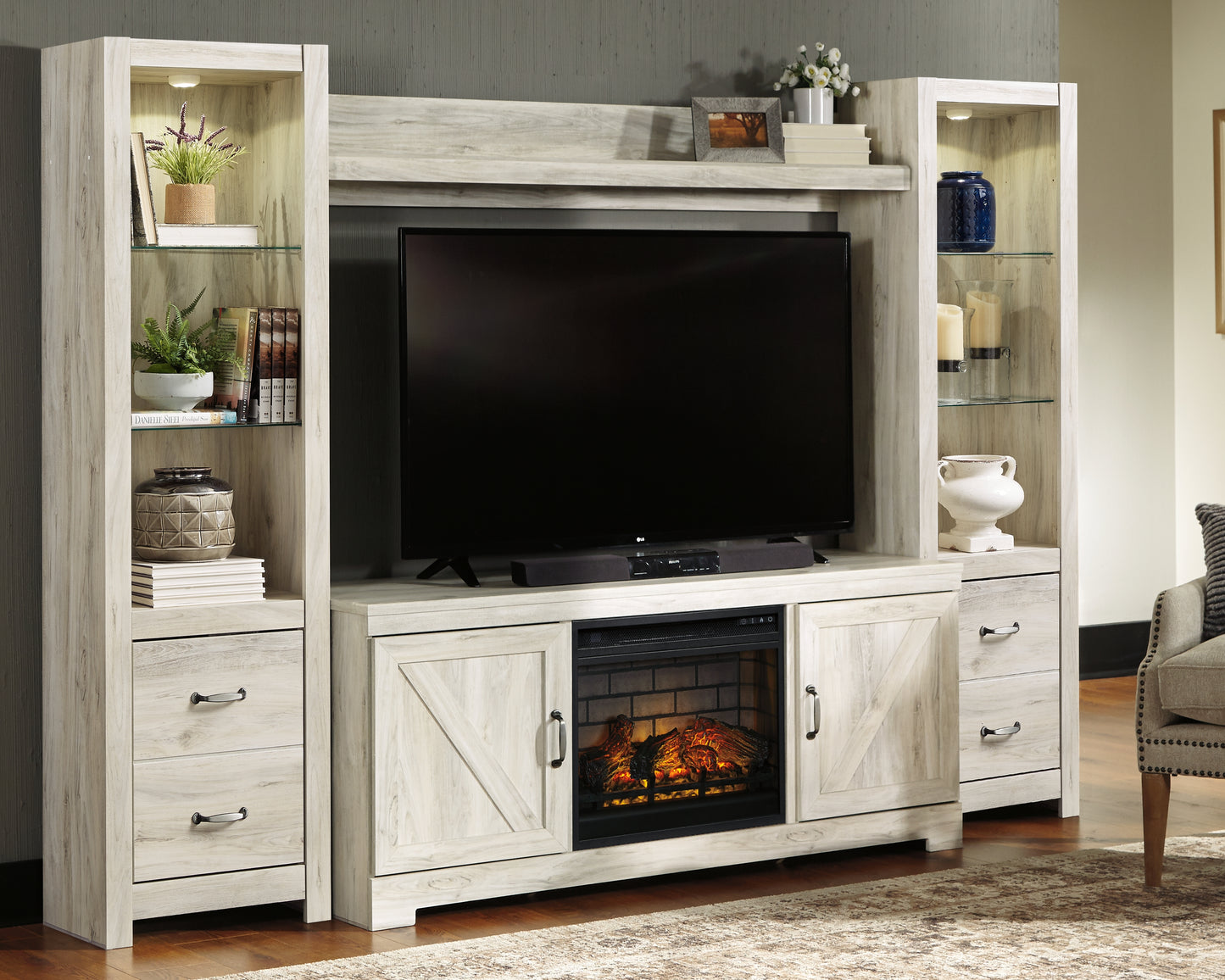 The Furniture Outlets - Ashley Furniture - Bellaby 4-Piece Entertainment Center with Electric Fireplace - 4-Piece Entertainment Center with Electric Fireplace / Whitewash - W331W8