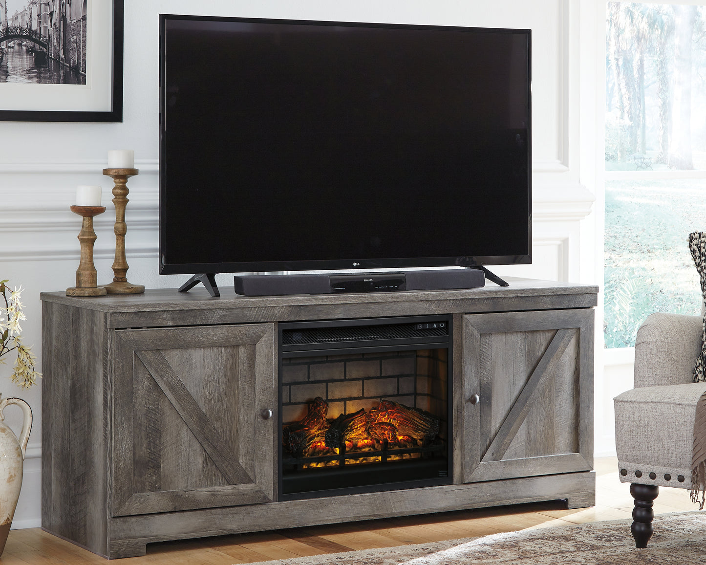 The Furniture Outlets - Ashley Furniture - Wynnlow 63" TV Stand with Electric Fireplace - 63" TV Stand with Electric Fireplace / Gray - W440W9