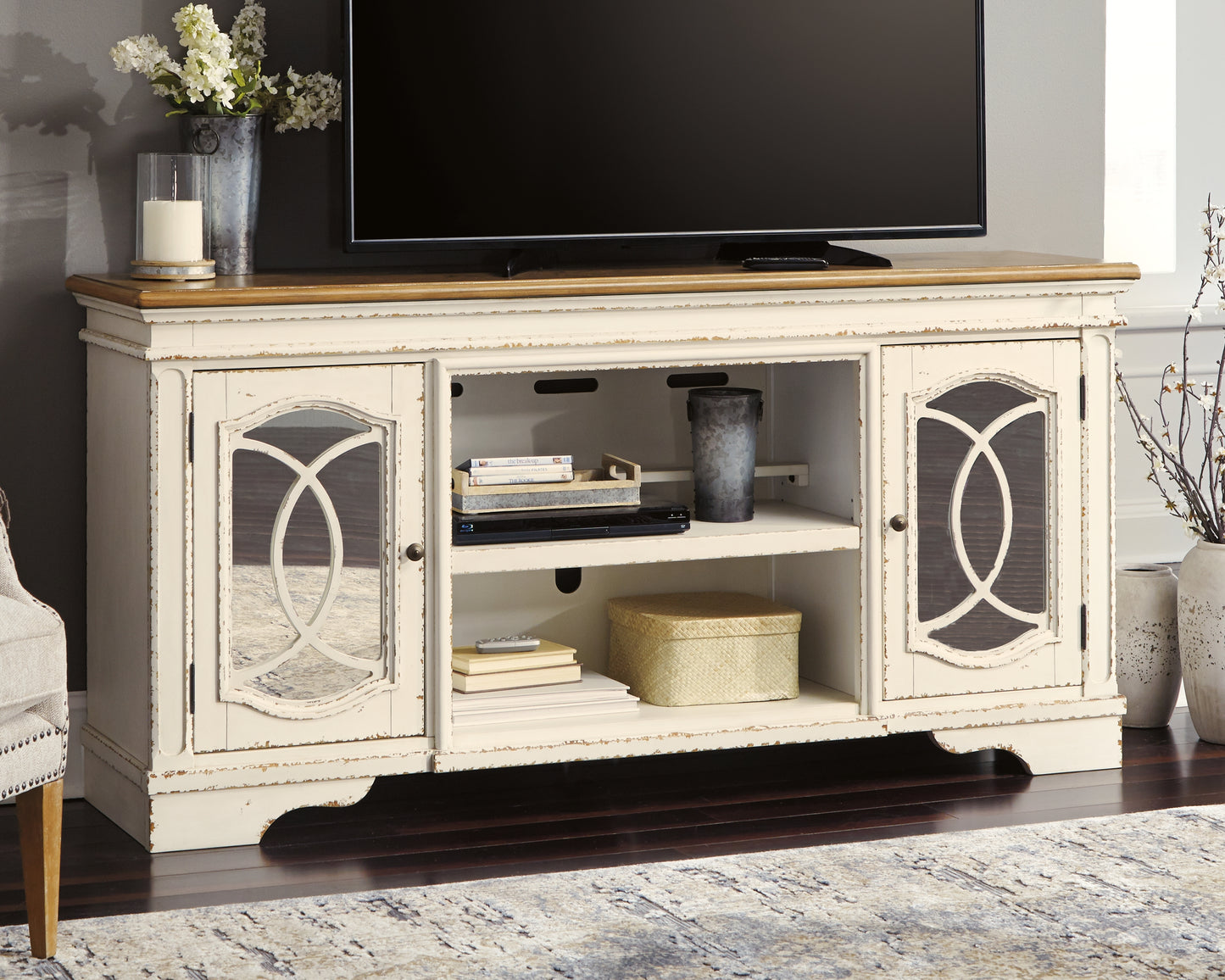 The Furniture Outlets - Ashley Furniture - Realyn 74" TV Stand - 74" / Chipped White - W743-68