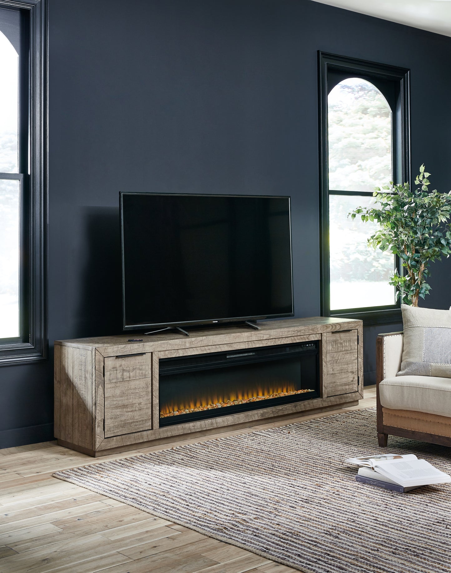 The Furniture Outlets - Ashley Furniture - Krystanza TV Stand with Electric Fireplace - TV Stand with Electric Fireplace / Weathered Gray - W760W1