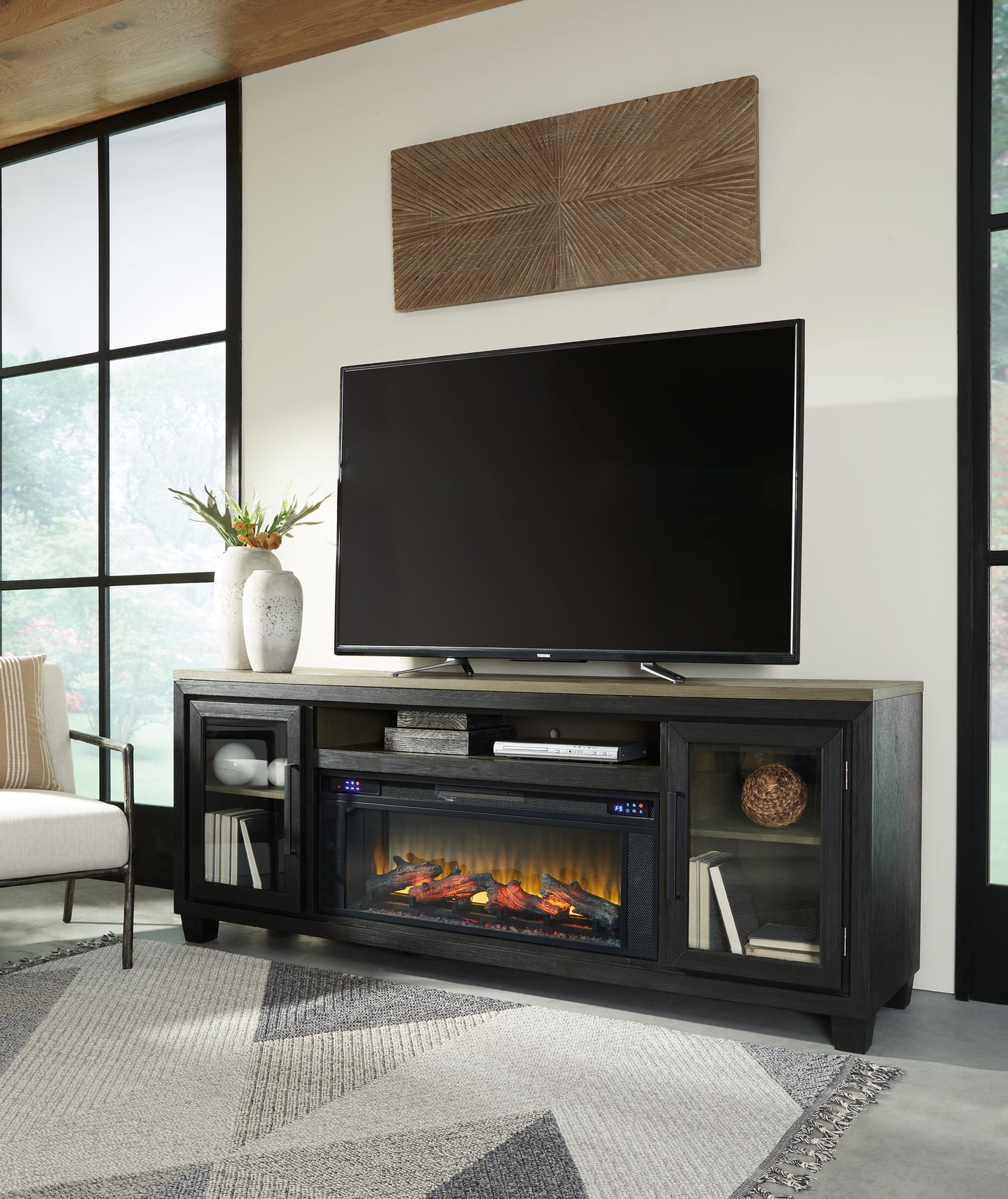 The Furniture Outlets - Ashley Furniture - Foyland 83" TV Stand with Electric Fireplace - 83" TV Stand with Electric Fireplace / Black/Brown - W989W1