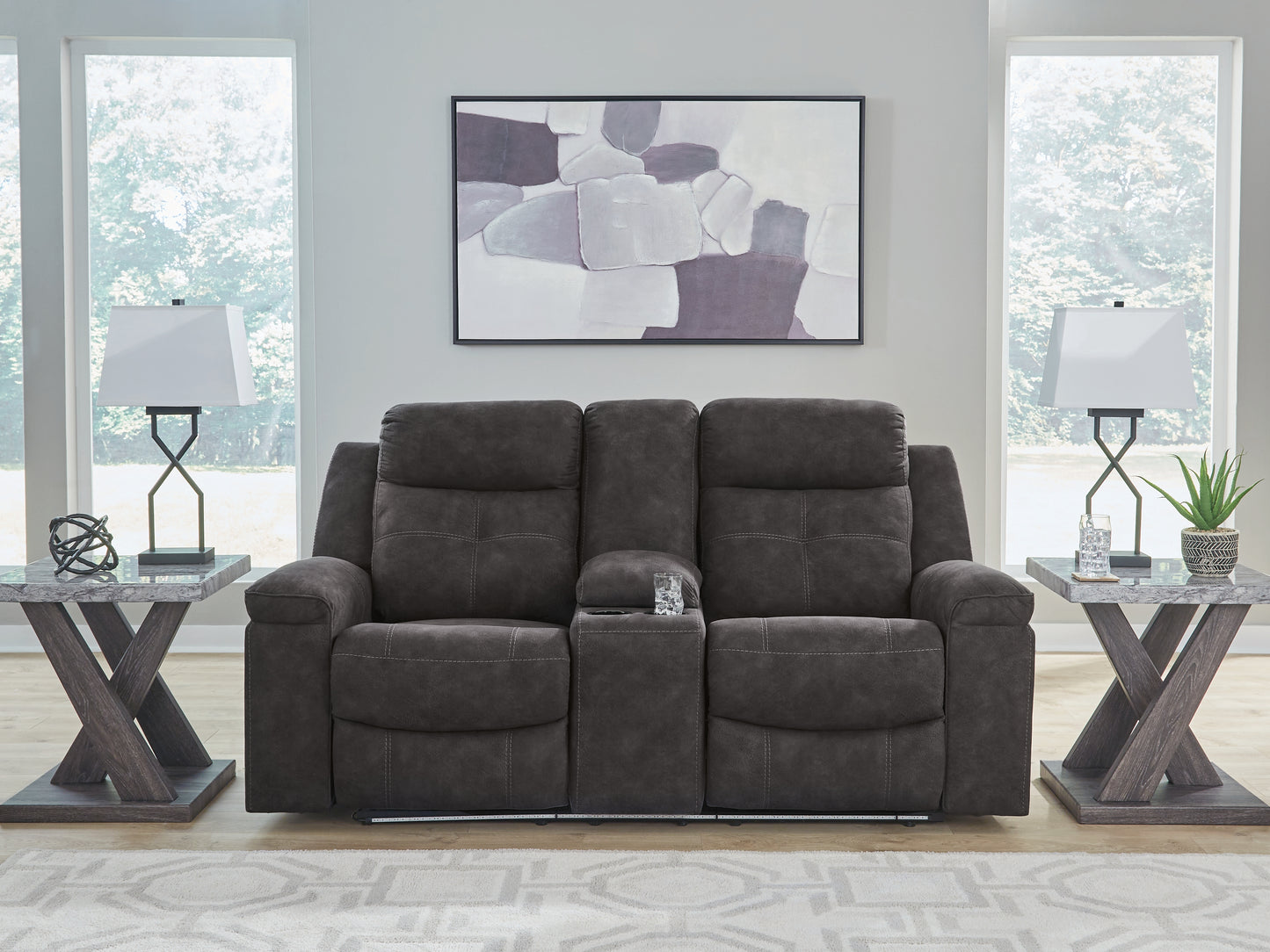 The Furniture Outlets - Ashley Furniture - Brysonview Living Room - DBL Rec Loveseat w/Console / Charcoal - 6360594