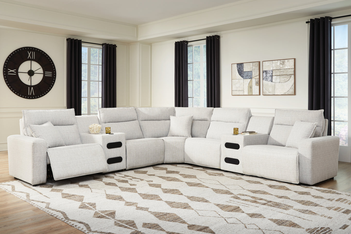 The Furniture Outlets - Ashley Furniture - ModMax II Sectional - 7-Piece Power Reclining Sectional with Audio Consoles / Stone - 65907S9