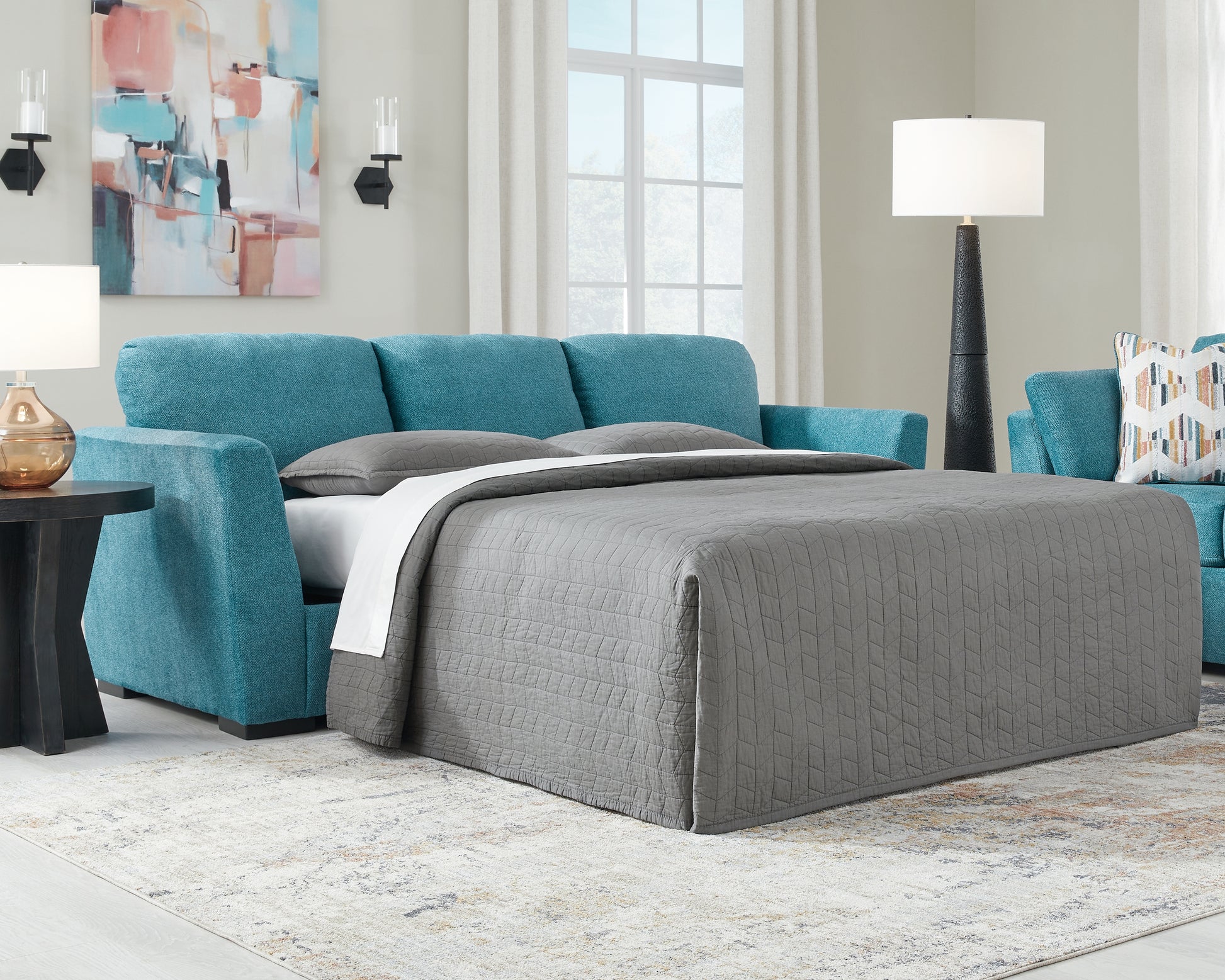 The Furniture Outlets - Ashley Furniture - Keerwick Living Room - Queen Sofa Sleeper / Teal - 6750739