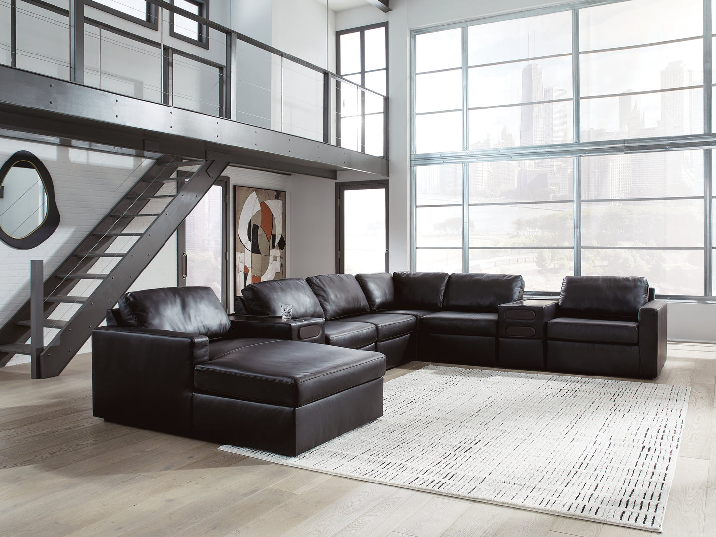 The Furniture Outlets - Ashley Furniture - ModMax II Sectional - RAF 8-Piece Sectional with Chaise and Audio Consoles / Black - 74305S47