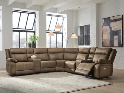The Furniture Outlets - Ashley Furniture - Max-Momentum Sectional - 7-Piece Power Reclining Sectional with Audio Consoles / Biscotti - PC82305S8