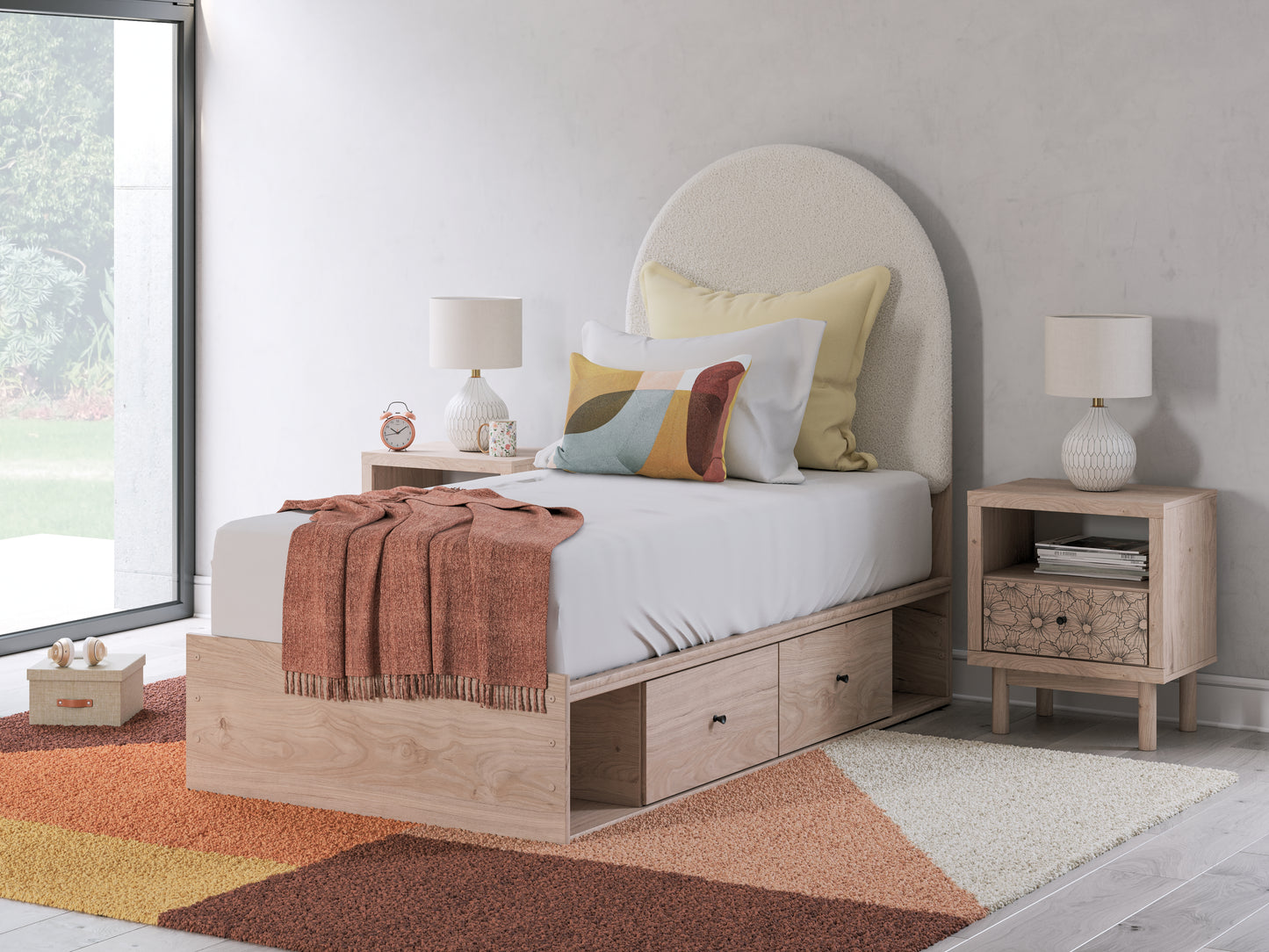 The Furniture Outlets - Ashley Furniture - Arloster Bedroom - Twin Upholstered Panel Bed with Storage / Tan/White - PCB1566B6