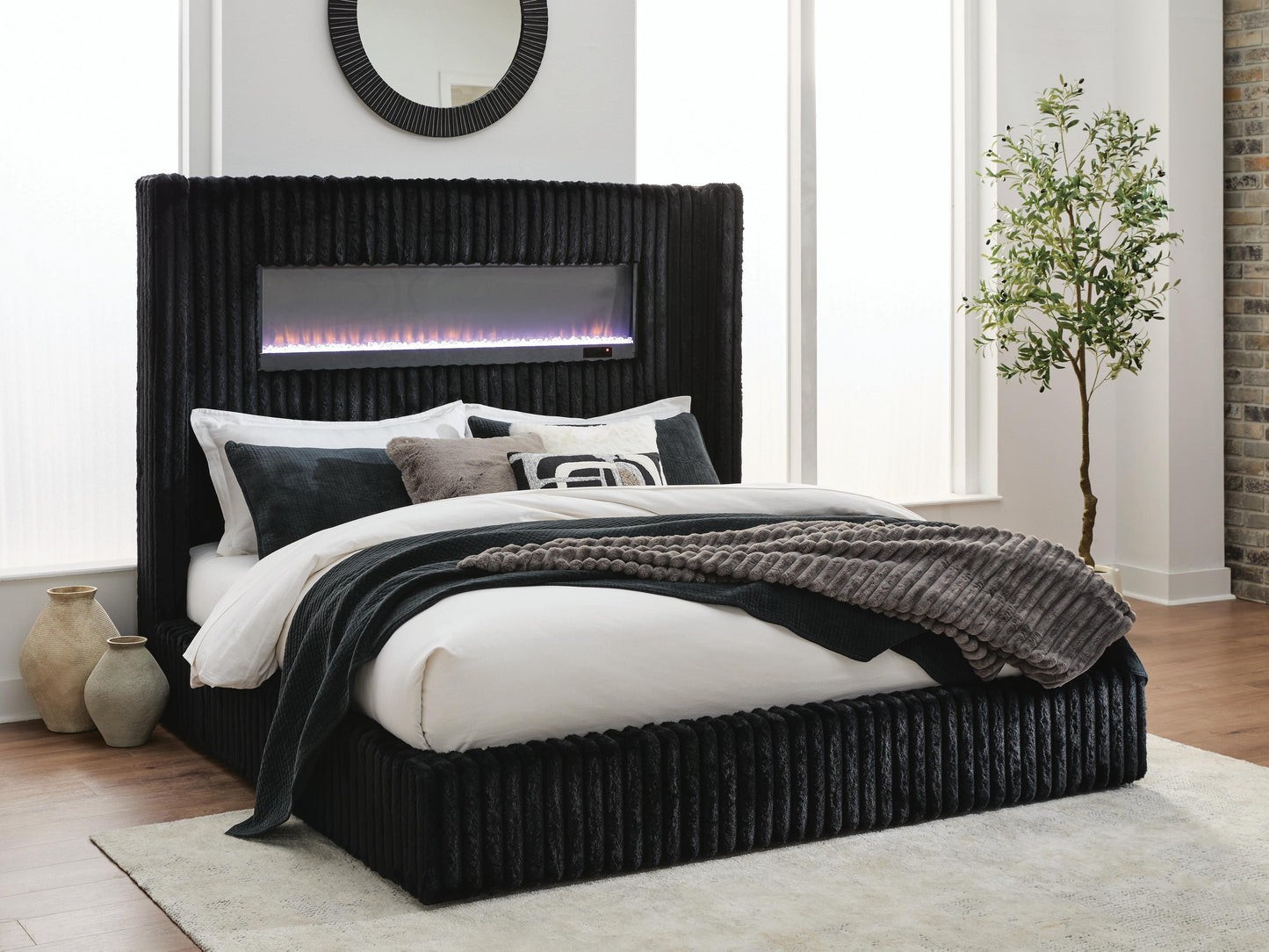 The Furniture Outlets - Ashley Furniture - Tayleena Bedroom - King Upholstered Bed with Fireplace and Wireless Audio - PCB620B2