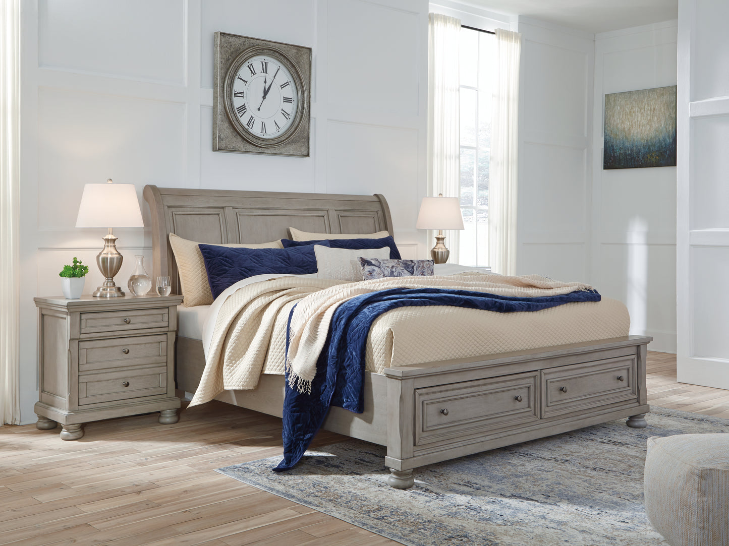 The Furniture Outlets - Ashley Furniture - Lettner Bedroom - King Sleigh Bed with 2 Storage Drawers / Light Gray - B733B8