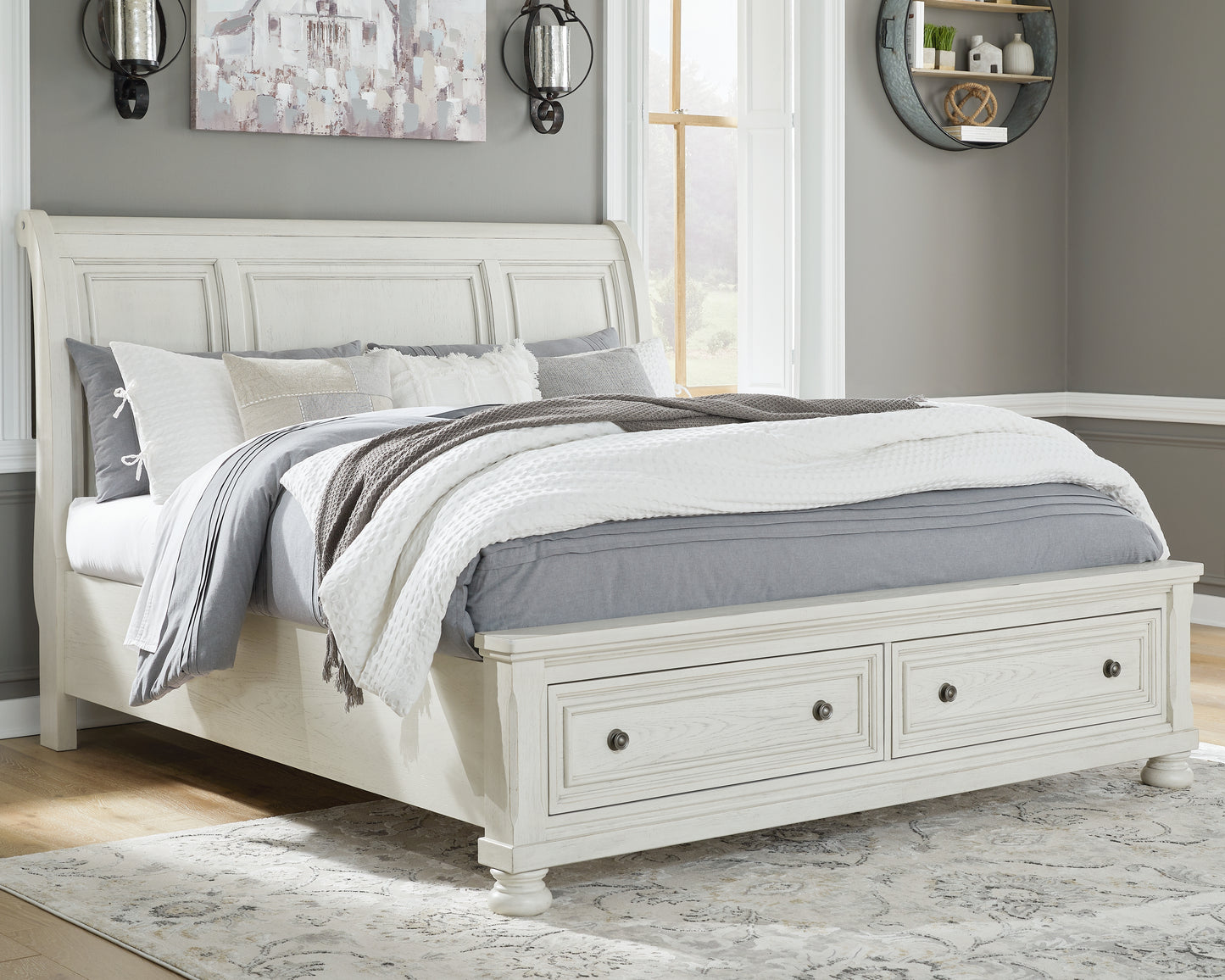 The Furniture Outlets - Ashley Furniture - Robbinsdale Bedroom - Queen Sleigh Bed with Storage / Antique White - B742B3