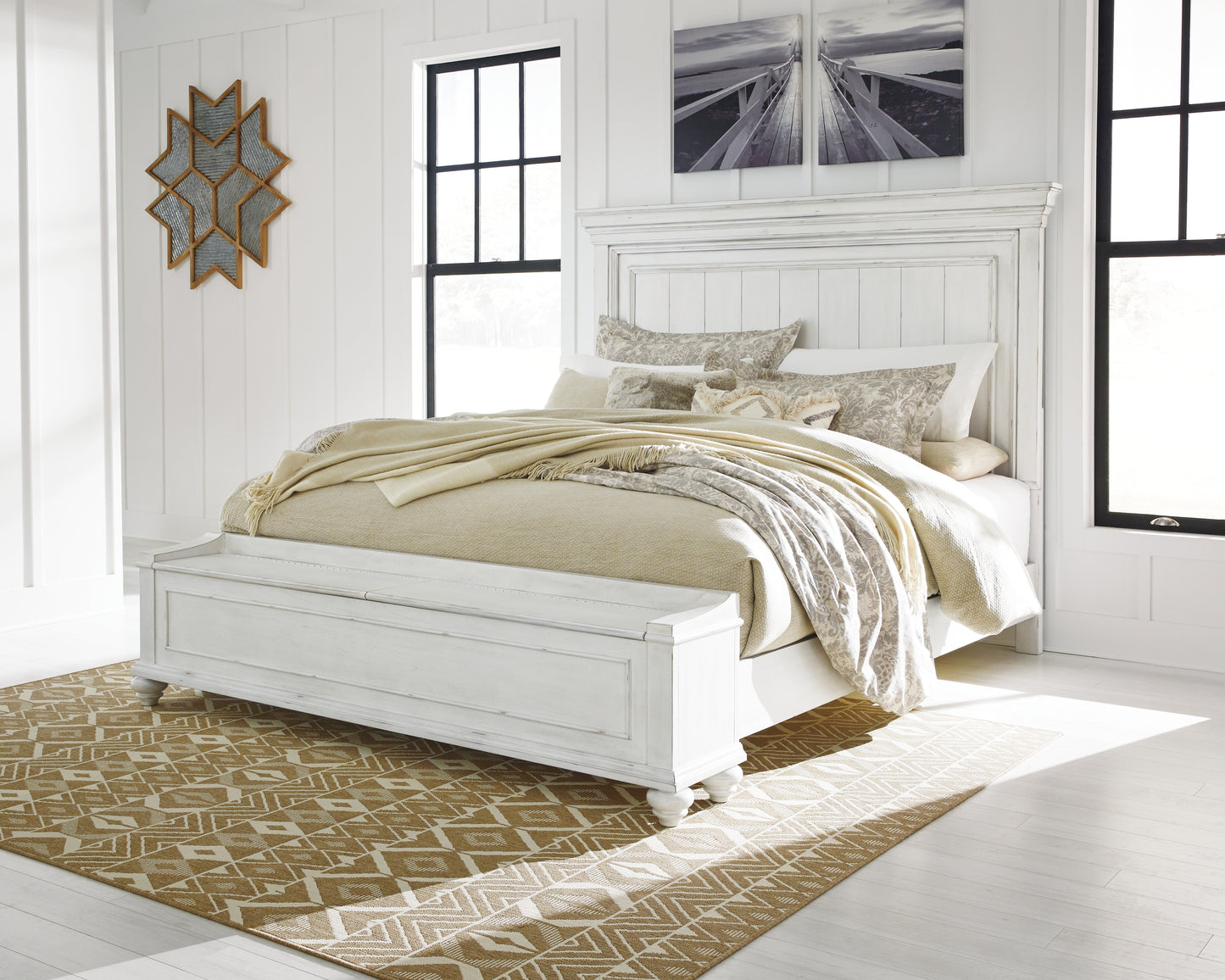 The Furniture Outlets - Ashley Furniture - Kanwyn Bedroom - King Panel Bed with Storage Bench / Whitewash - B777B9