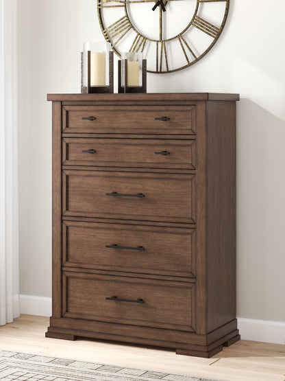The Furniture Outlets - Ashley Furniture - Taffenbrook Bedroom - Five Drawer Chest / Medium Brown - B849-46