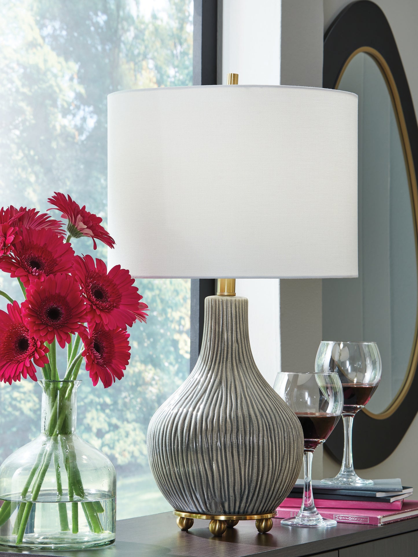 The Furniture Outlets - Ashley Furniture - Judlen Lighting - Ceramic Table Lamp (1/CN) / Gray/Gold Finish - L100844