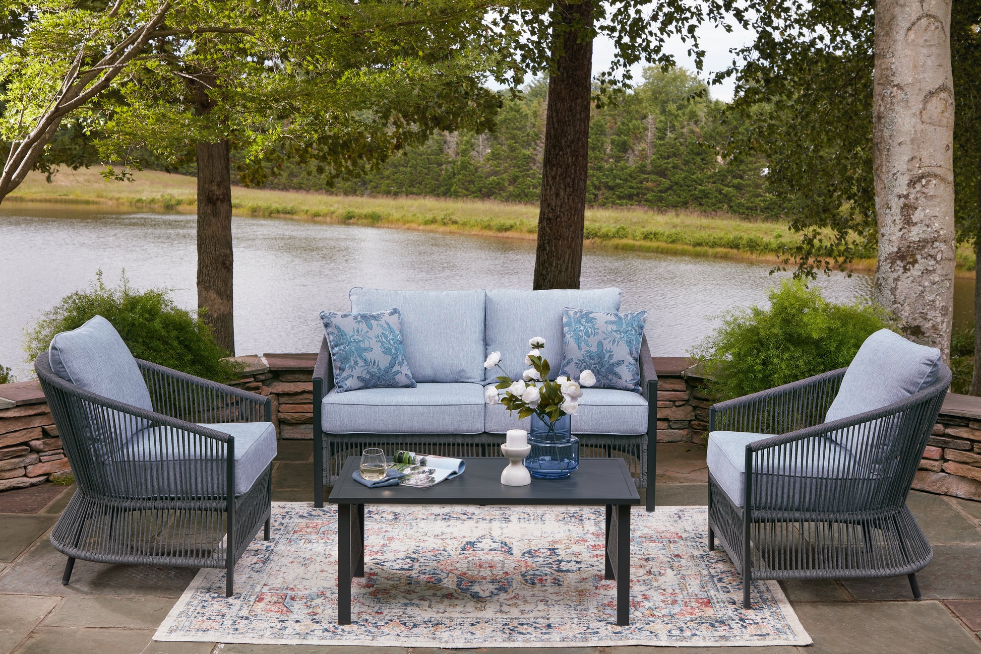 The Furniture Outlets - Ashley Furniture - Bridges Beach Outdoor - Love/Chairs/Table Set (4/CN) / Gray - PCP391-080