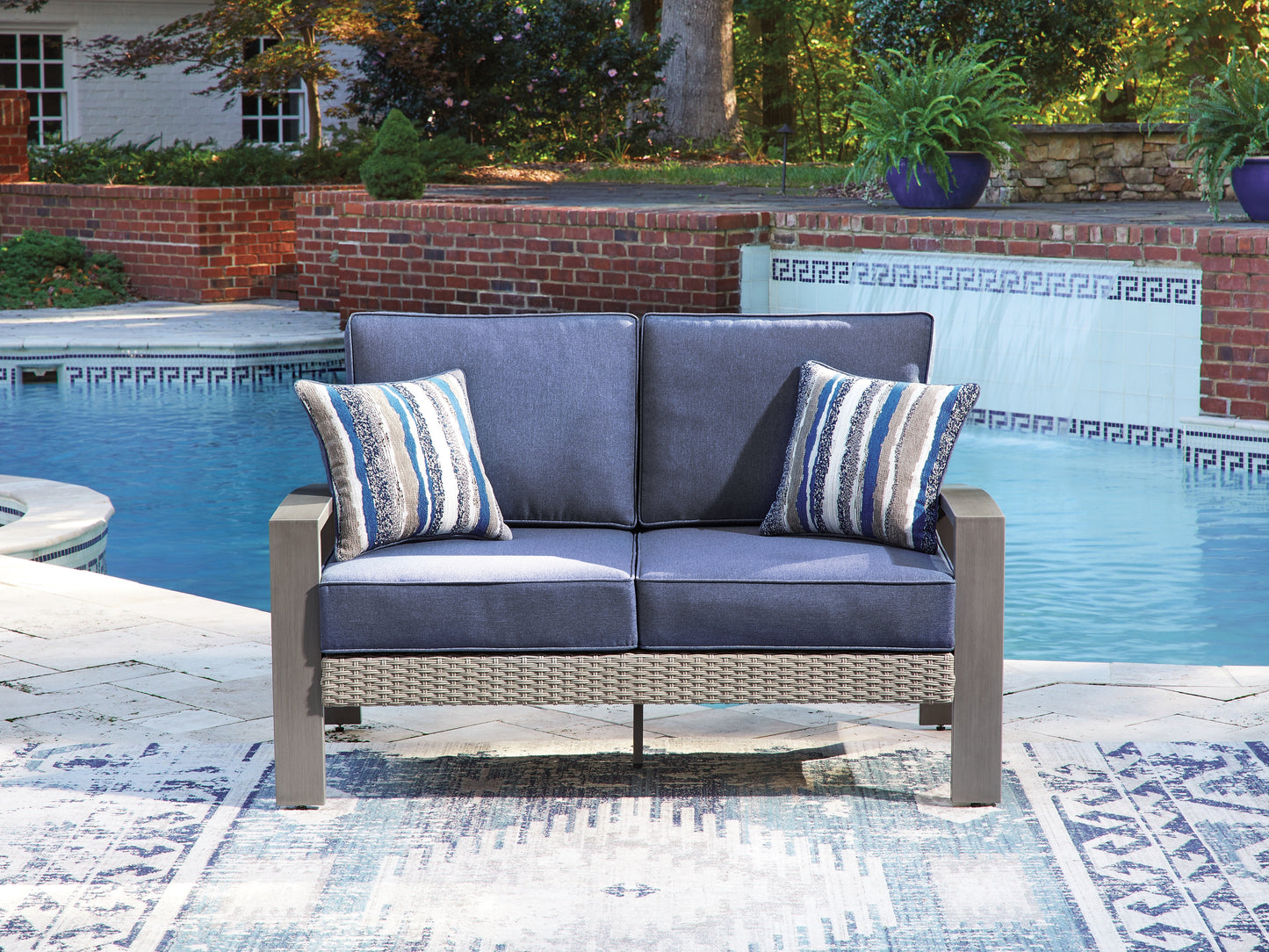 The Furniture Outlets - Ashley Furniture - Half Moon Beach Outdoor - Loveseat w/Cushion / Blue/Gray - PCP418-835