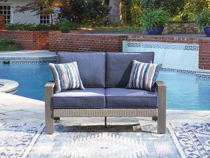 The Furniture Outlets - Ashley Furniture - Half Moon Beach Outdoor - Loveseat w/Cushion / Blue/Gray - PCP418-835