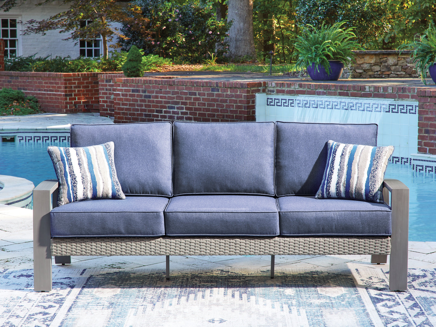 The Furniture Outlets - Ashley Furniture - Half Moon Beach Outdoor - Sofa with Cushion / Blue/Gray - PCP418-838