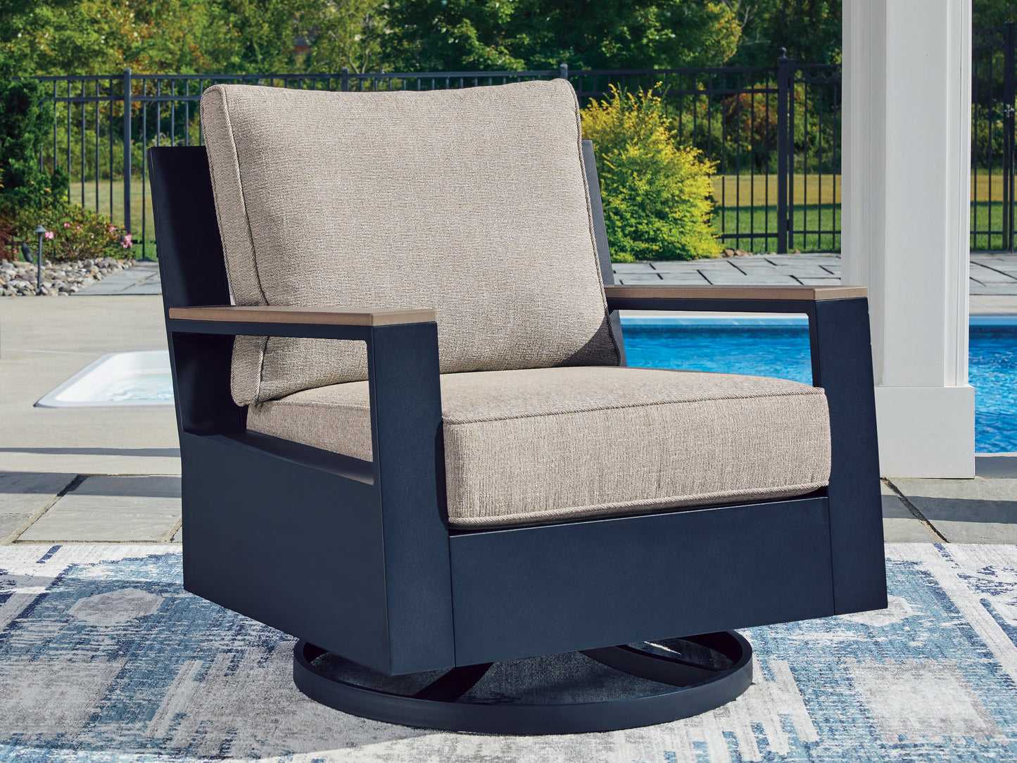 The Furniture Outlets - Ashley Furniture - East Beach Outdoor - Swivel Glider Chair w/Cushion / Navy Blue/Driftwood - PCP587-821