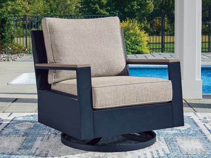 The Furniture Outlets - Ashley Furniture - East Beach Outdoor - Swivel Glider Chair w/Cushion / Navy Blue/Driftwood - PCP587-821