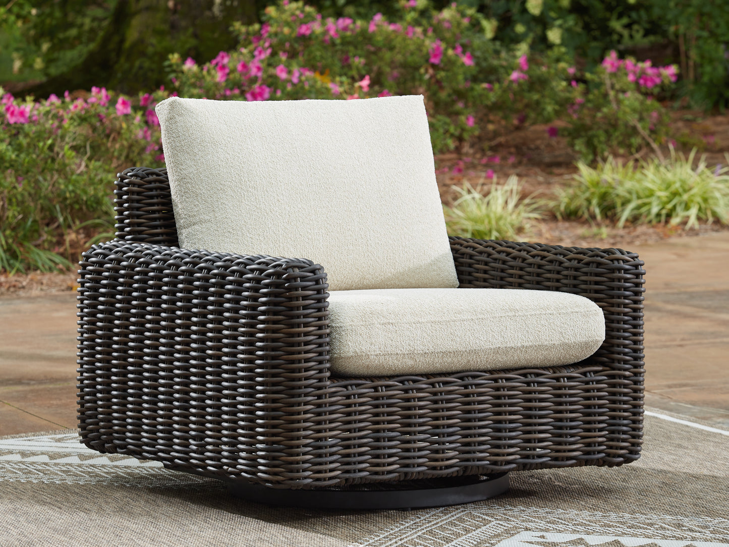 The Furniture Outlets - Ashley Furniture - Kimora Outdoor - Swivel Glider Lounge w/Cushion / Beige/Dark Brown - P711-821