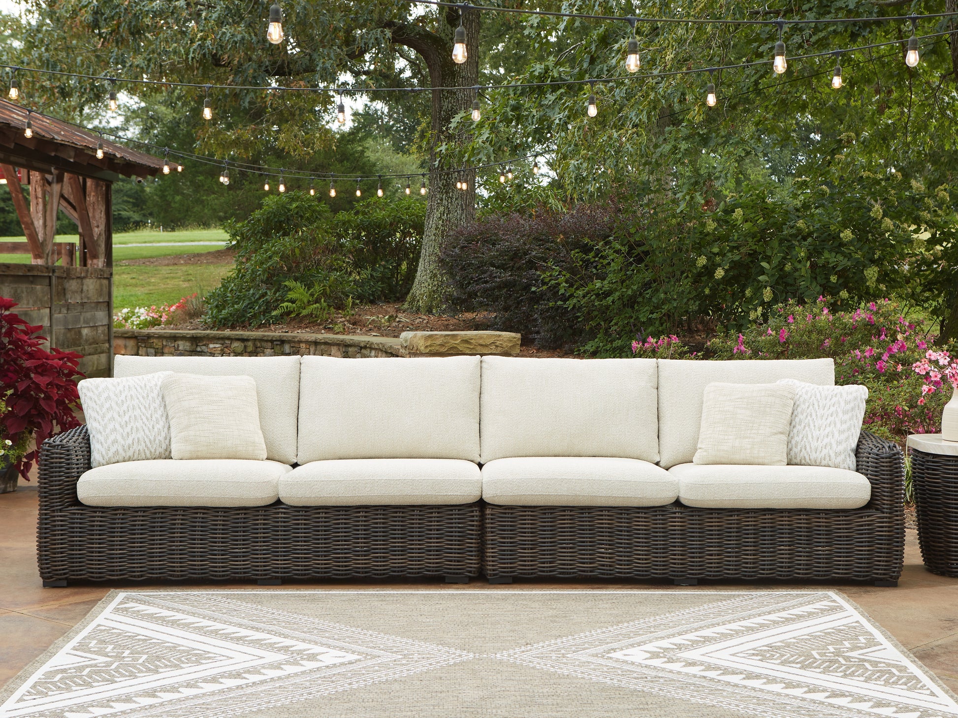 The Furniture Outlets - Ashley Furniture - Kimora Outdoor - RAF/LAF Loveseat w/CUSH (Set of 2) / Beige/Dark Brown - P711-854