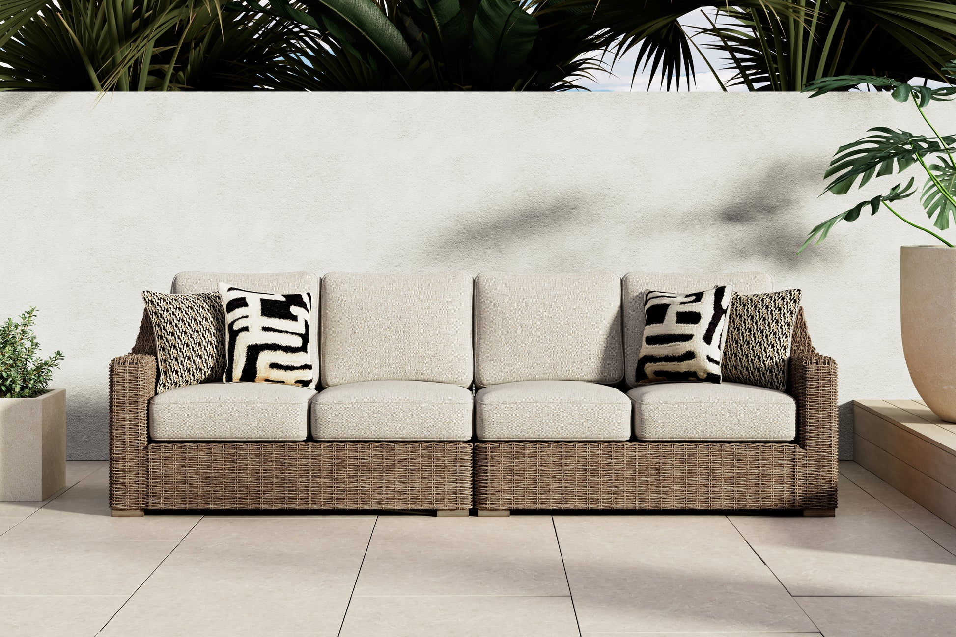 The Furniture Outlets - Ashley Furniture - Beachcroft Outdoor - RAF/LAF Loveseat w/CUSH (Set of 2) / Beige - P791-854