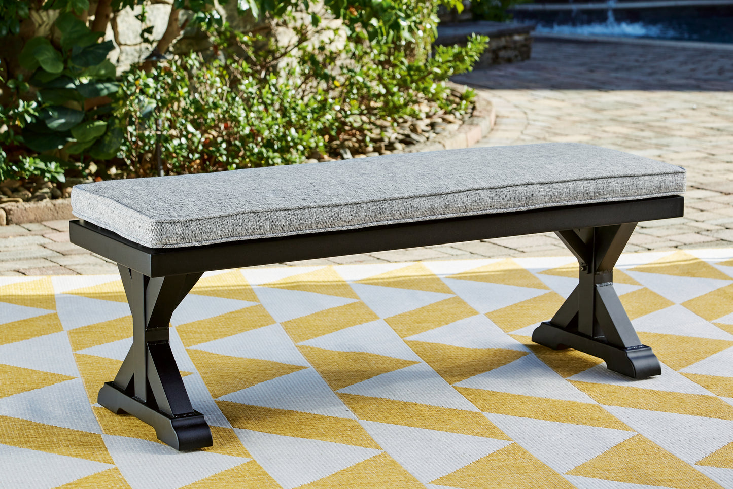 The Furniture Outlets - Ashley Furniture - Beachcroft Outdoor - Bench with Cushion / Black/Light Gray - P792-600
