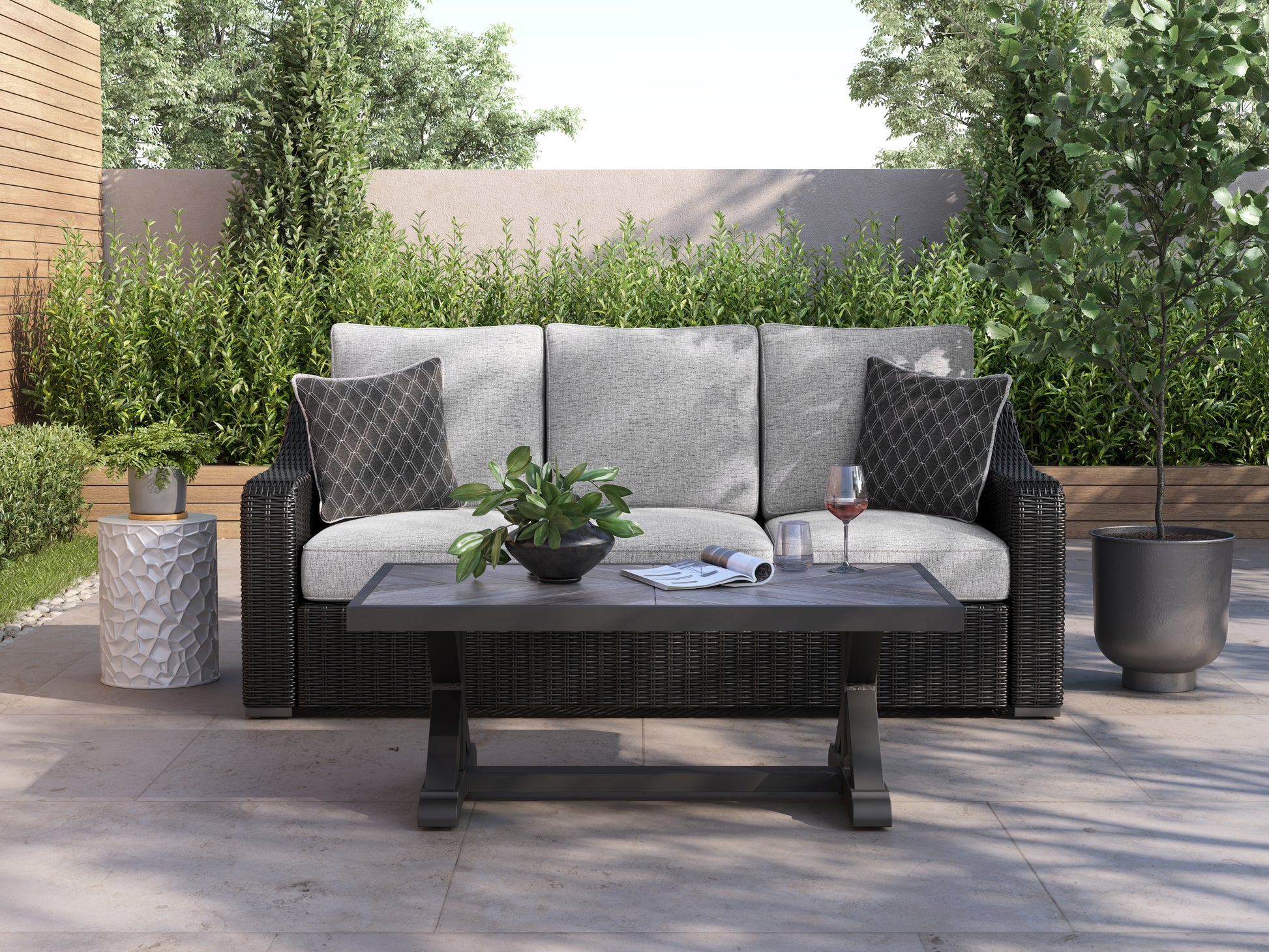 The Furniture Outlets - Ashley Furniture - Beachcroft Outdoor - Sofa with Cushion / Black/Light Gray - P792-838