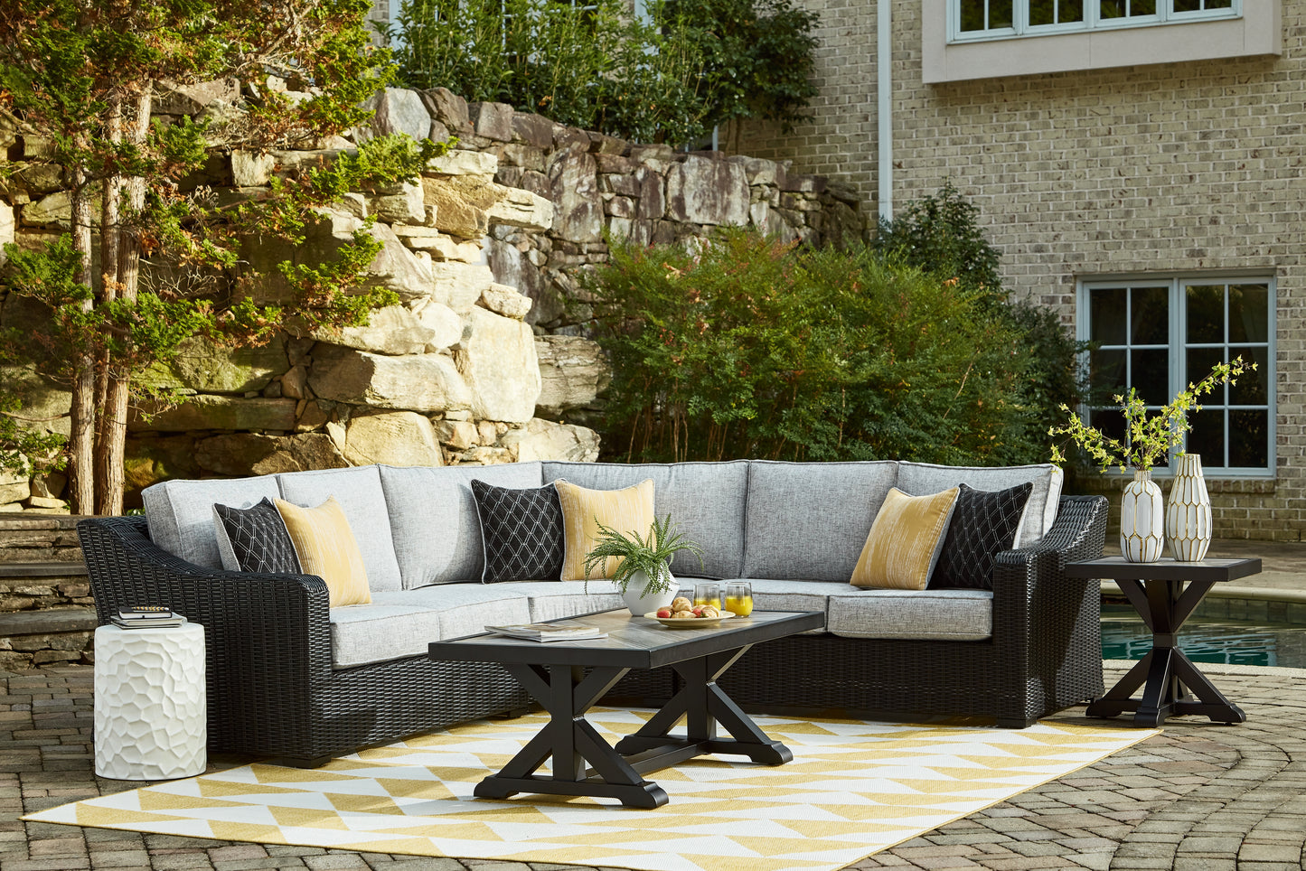 The Furniture Outlets - Ashley Furniture - Beachcroft Outdoor - 3-Piece Outdoor Sectional / Black/Light Gray - P792P1