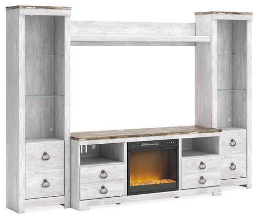 The Furniture Outlets - Ashley Furniture - Willowton 4-Piece Entertainment Center with Electric Fireplace - 4-Piece Entertainment Center with Electric Fireplace / Whitewash - W267W4