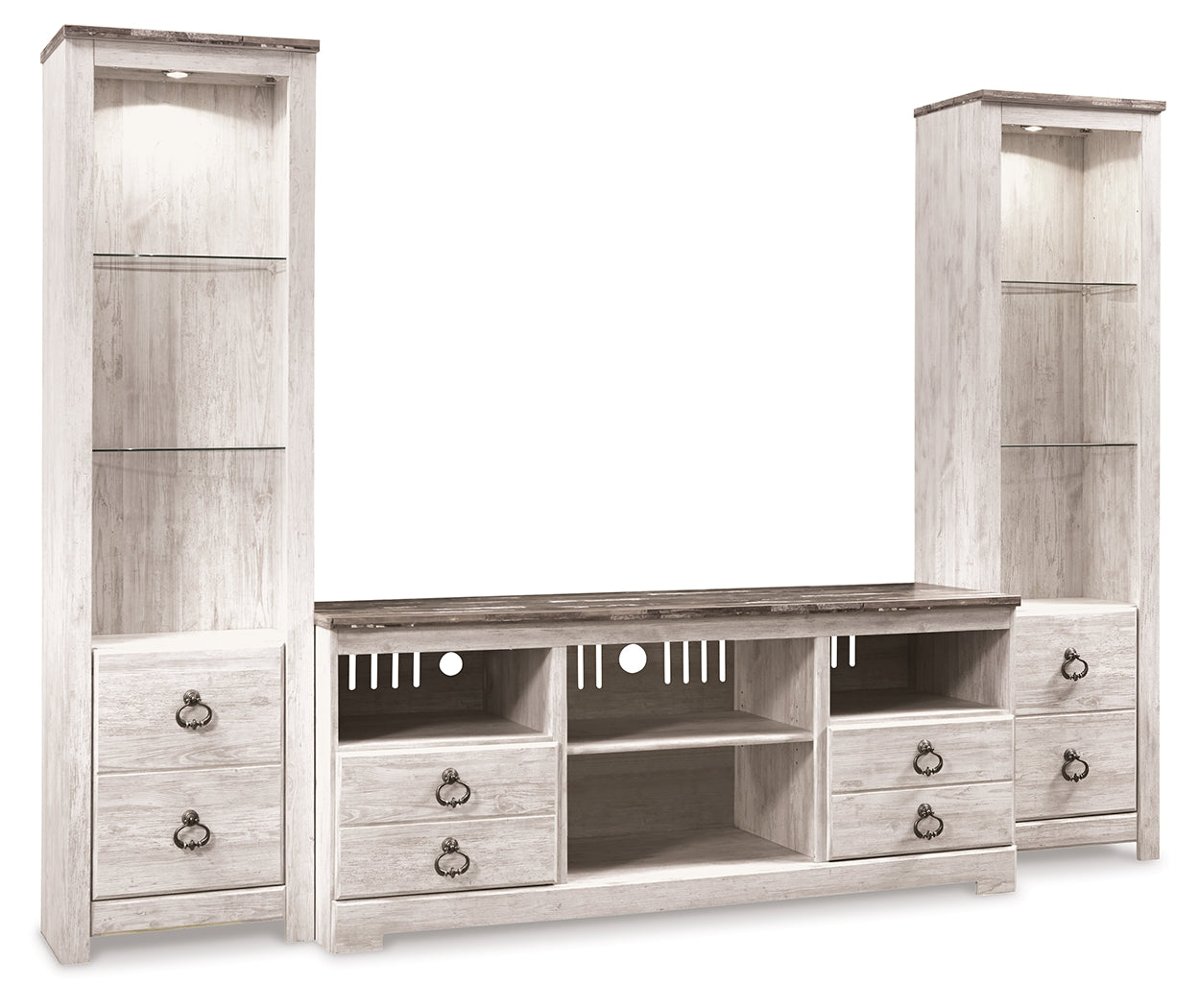 The Furniture Outlets - Ashley Furniture - Willowton 3-Piece Entertainment Center - 3-Piece Entertainment Center / Whitewash - W267W16