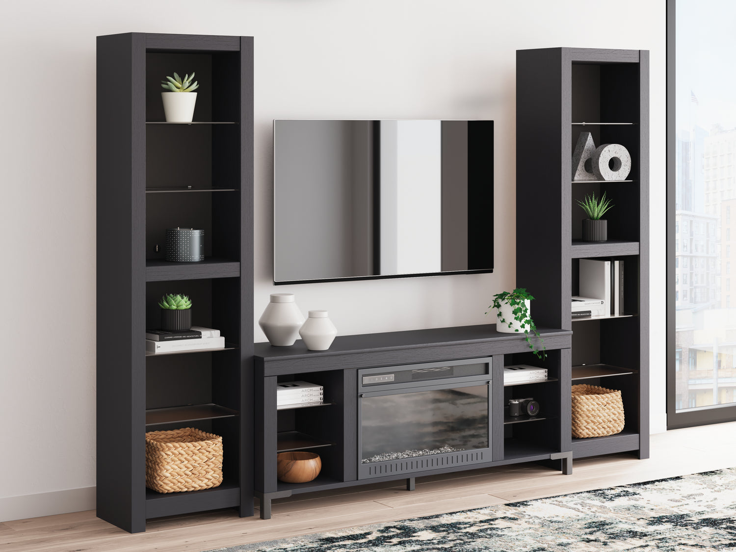 The Furniture Outlets - Ashley Furniture - Cayberry 3-Piece Entertainment Center with Electric Fireplace - 3-Piece Entertainment Center with Electric Fireplace / Black - W2721W2